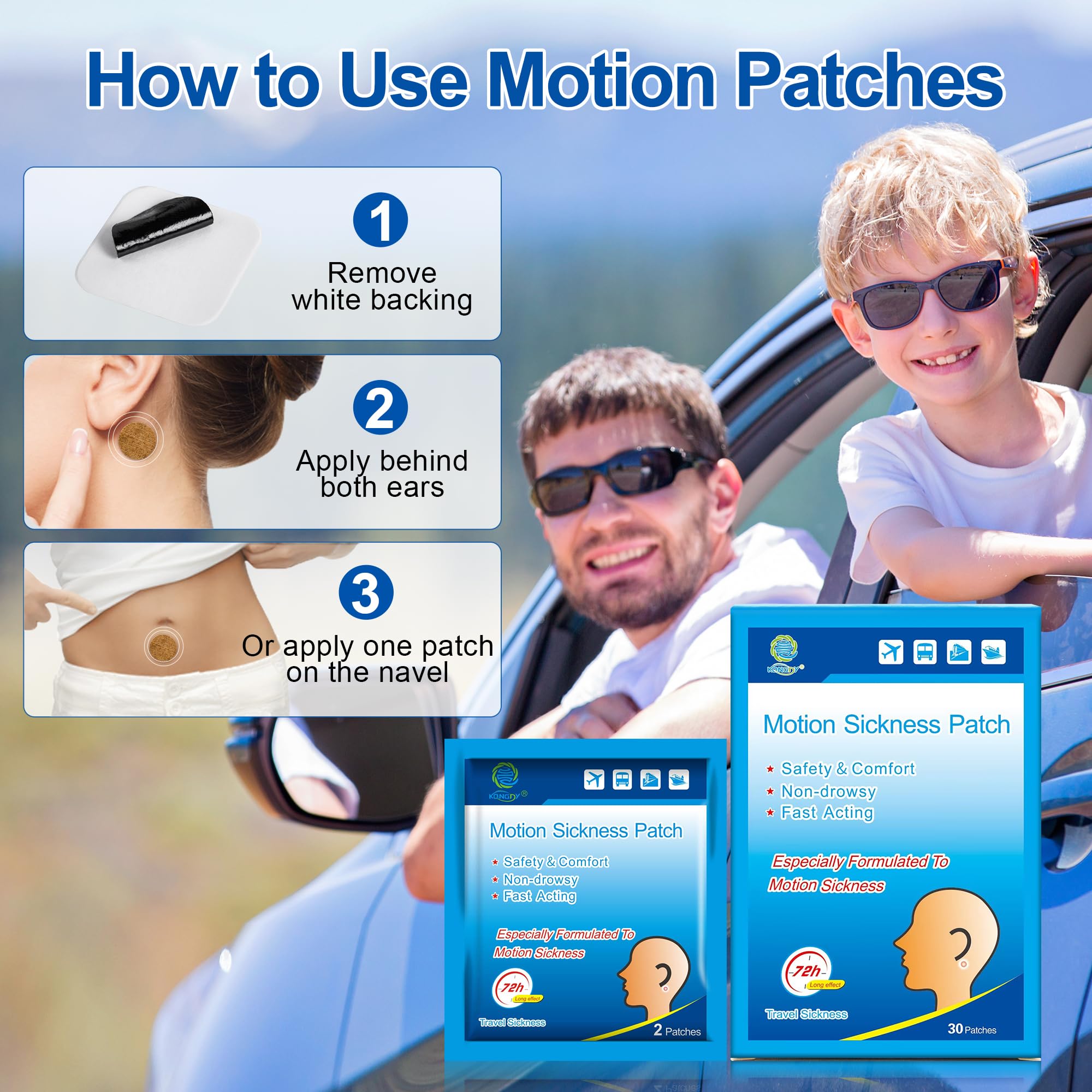 KONGDY 30 Counts Motion Sickness Patches for Boat Rides, Car Trips, Airplane Travel, Cruise Ship and Other Forms of Transport, N
