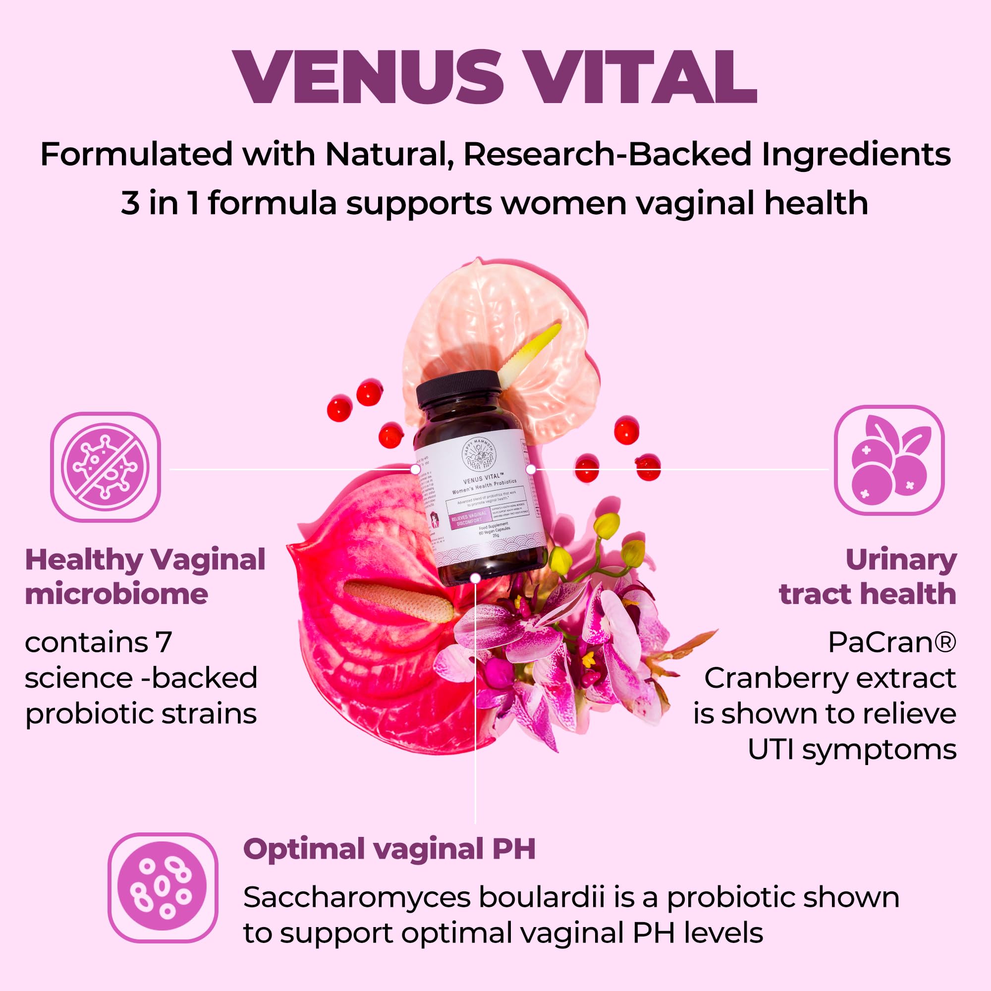 Happy Mammoth Venus Vital 3-in-1 Womens Health Probiotic Formula Supports Vaginal, Urinary & Gut Health. Fast & Long-Lasting Rel