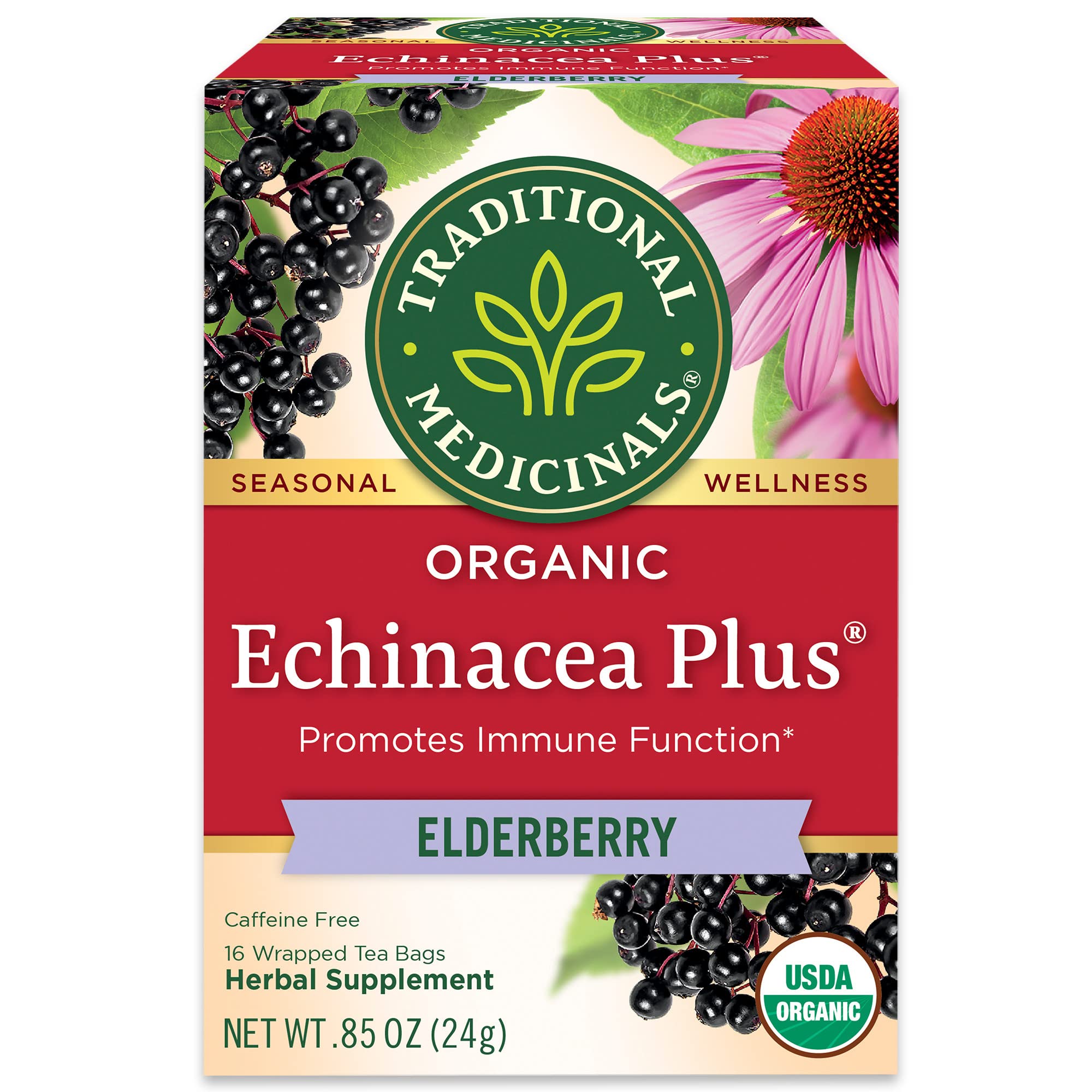 Traditional Medicinals Organic Echinacea Plus Elderberry Herbal Tea, Promotes Immune Function, (Pack of 1) - 16 Tea Bags