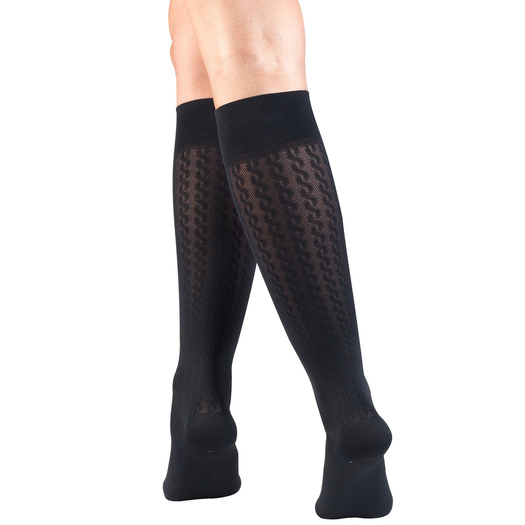 Truform Compression Socks, 15-20 mmHg, Women's Dress Socks, Knee High Over Calf Length, Navy Cable Knit, Small