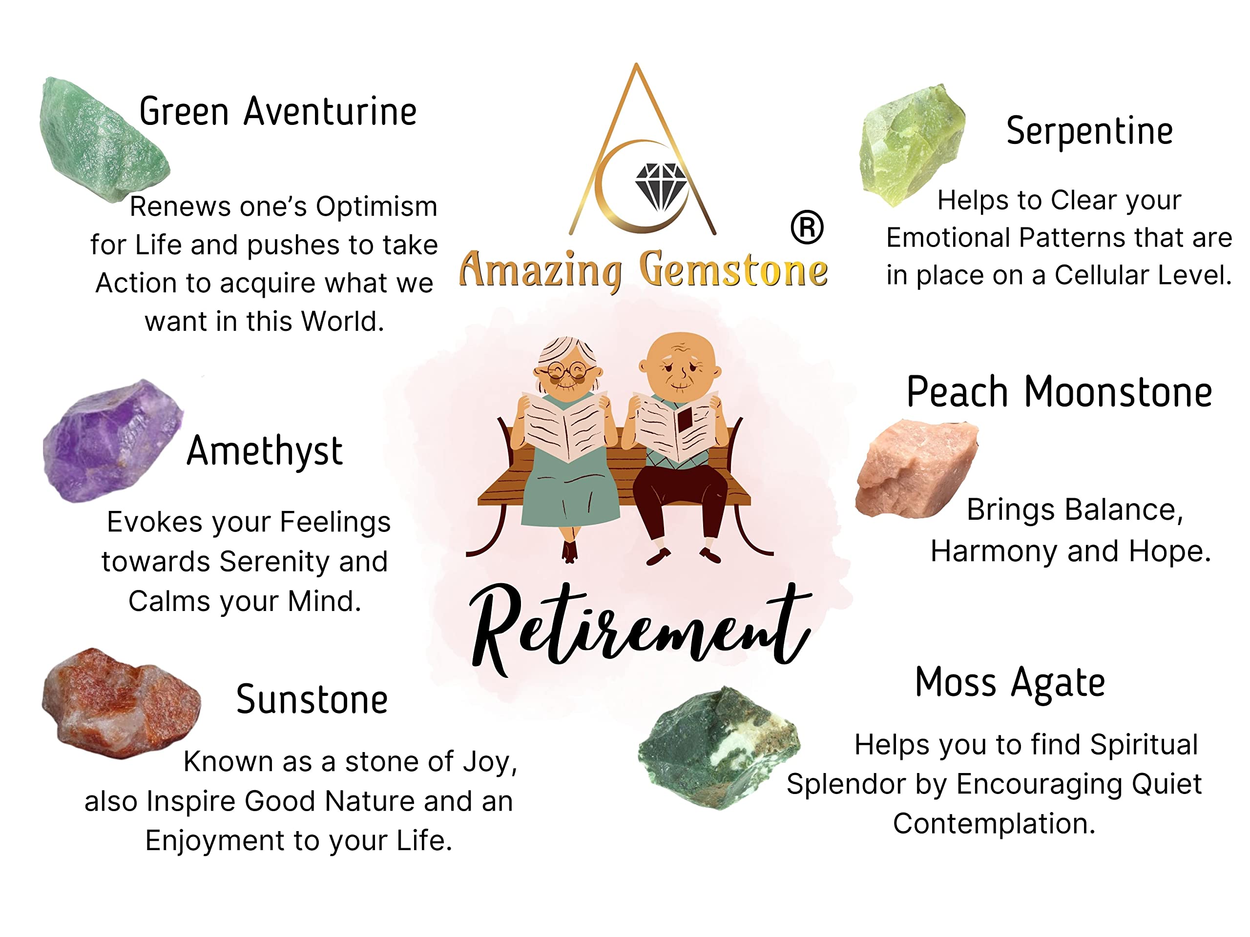 Crystals for Retirement, Set of 6 Amethyst, Green Aventurine, Sunstone, Serpentine, Moss Agate and Peach Moonstone Healing Cryst