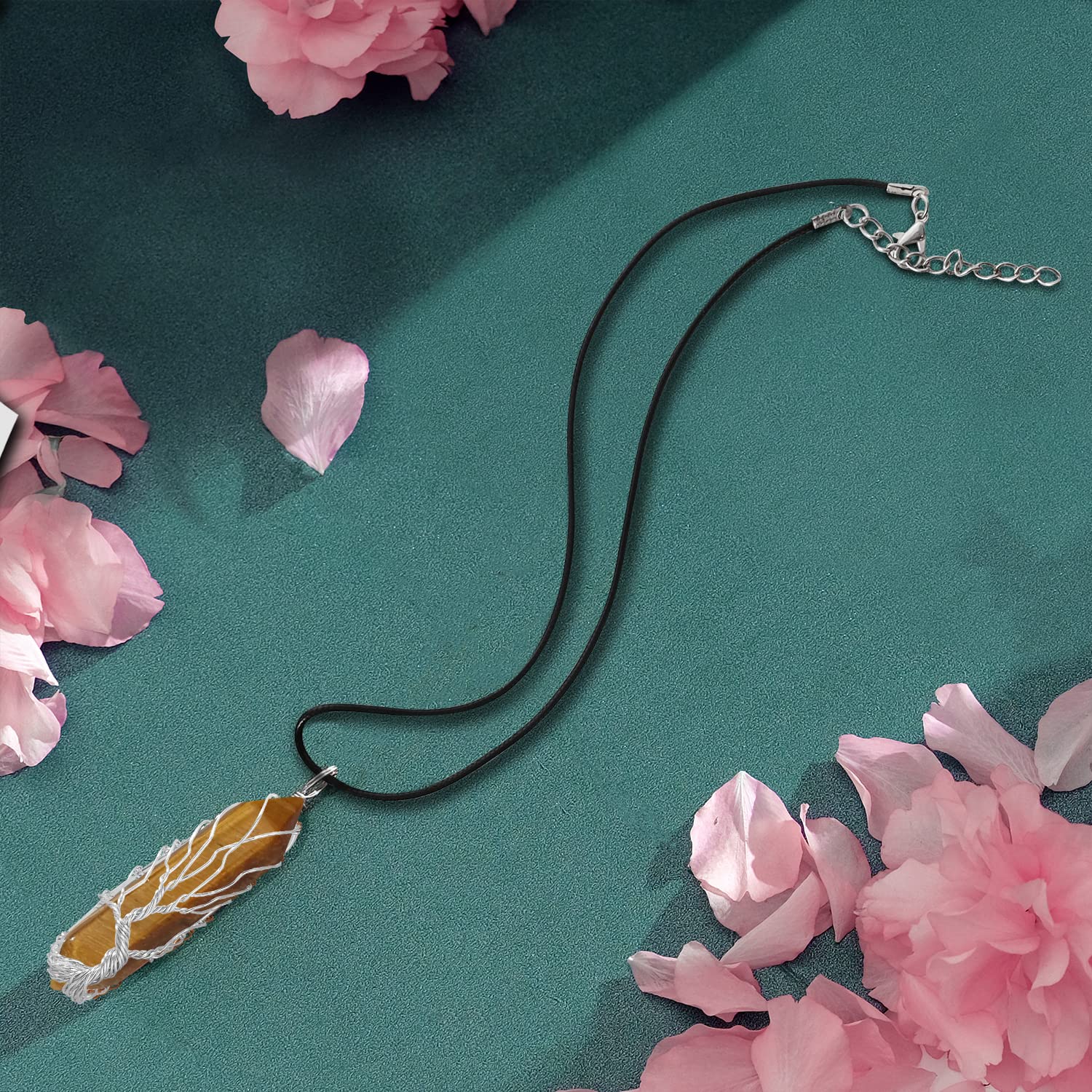VIBILIA Healing Crystal Necklace Tree of Life Wire Wrapped Natural Tigerite Stone Point Pendant Necklace Hexagonal Reiki Spiritu