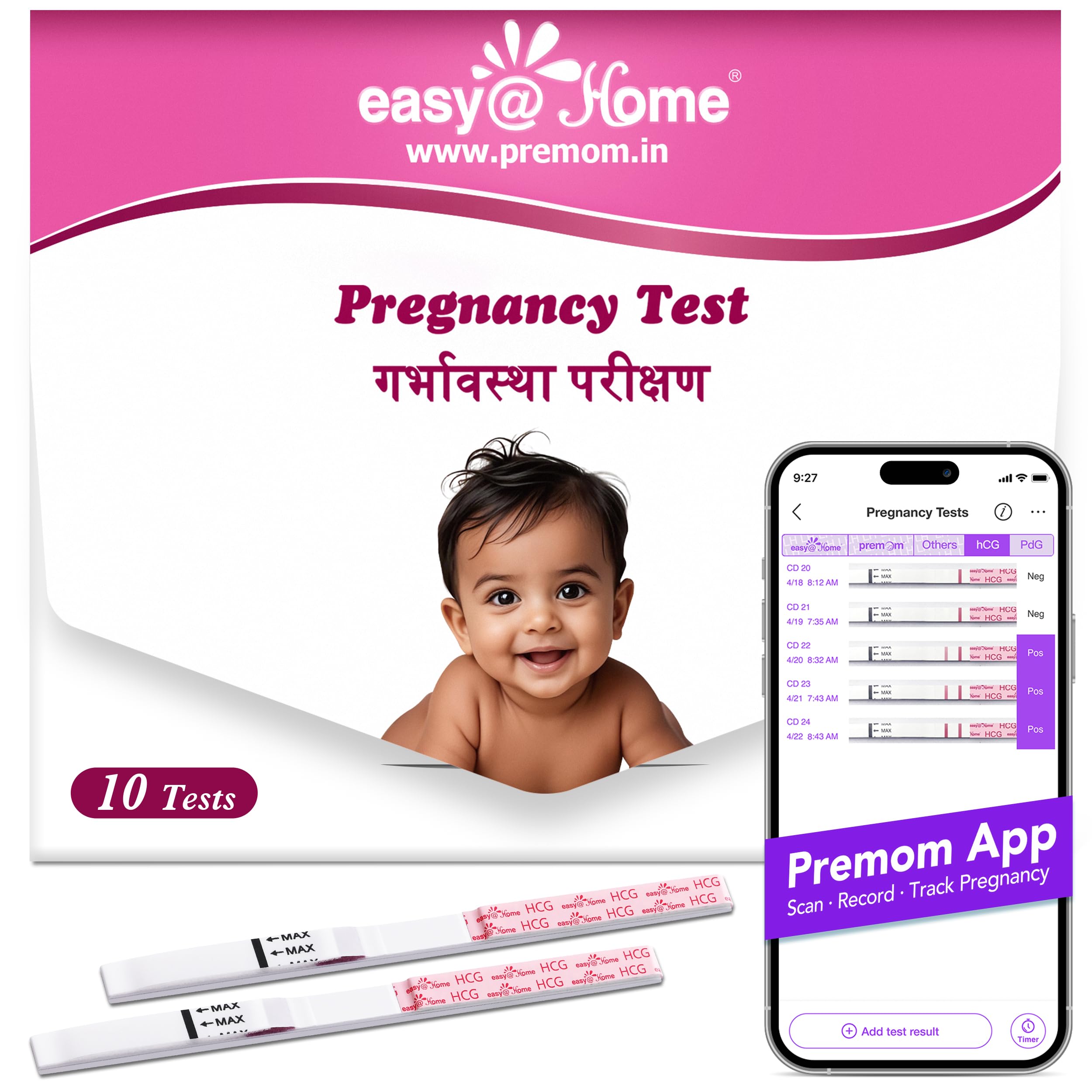 Easy@Home Pregnancy Test Kit: 10 Pack Early Hcg Detection Test For Women  Sensitive Urine Strips For Home Pregnancy Testing  F