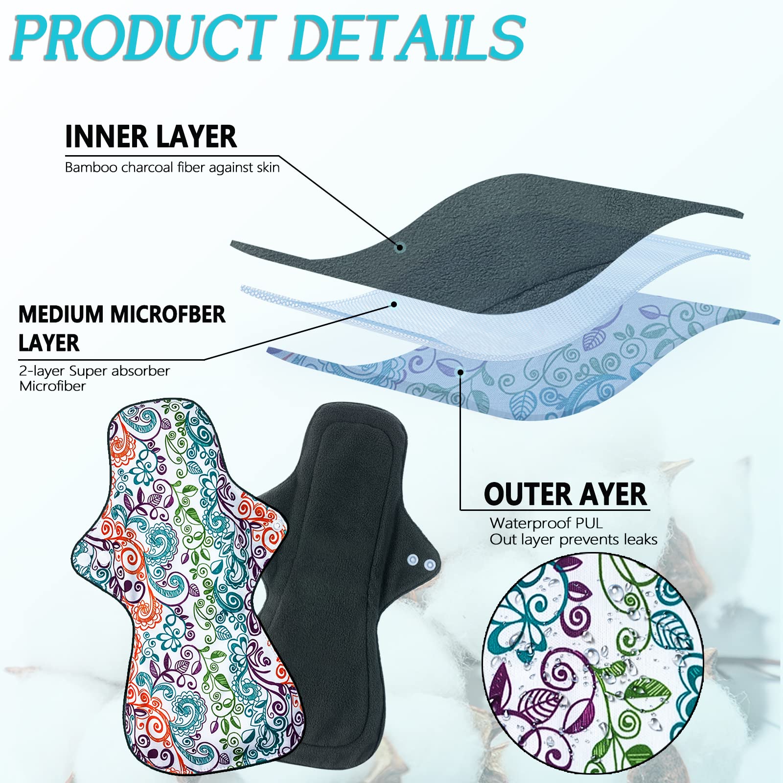 ZCOINS 4PCS Overnight Pads 13.5inch Reusable Pads Menstrual Heavy Flow, Washable Cloth Pad with 1 Zipper Bag