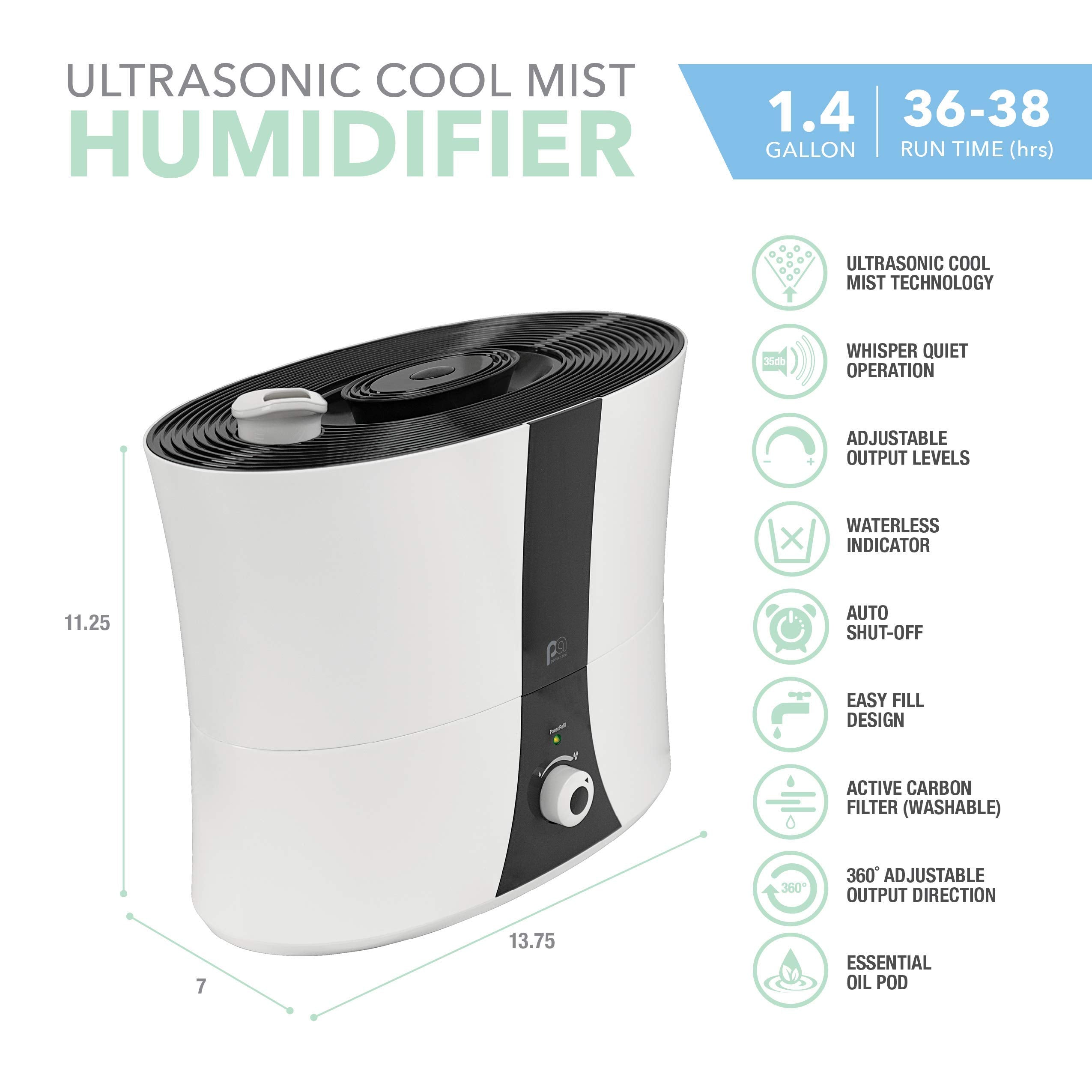 Perfect Aire 1.4 Gallon Ultrasonic Cool Mist Humidifier - Essential Oil Pod for Aromatherapy, Whisper-Quiet Operation, Auto Shut