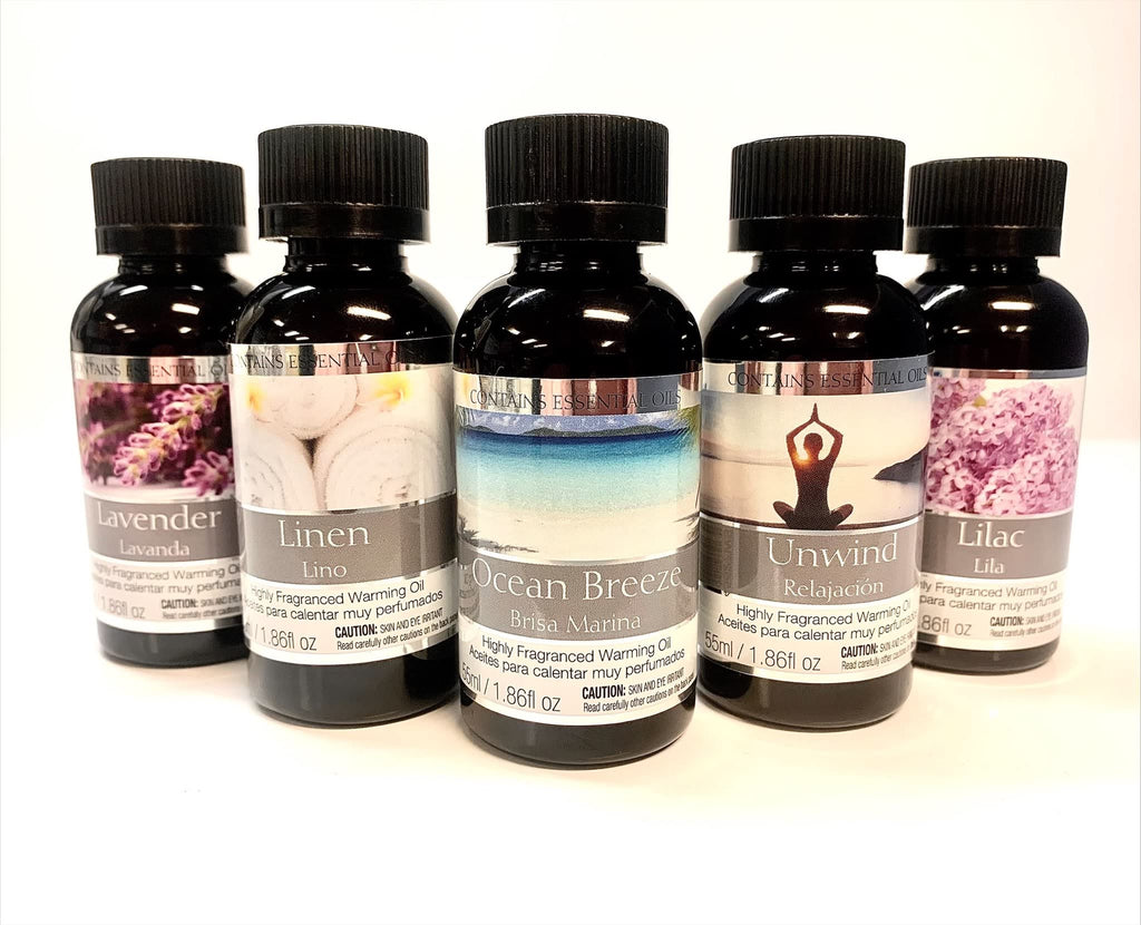 Hosley Set of 5 Assorted Fragrance Warming Oils 55ml Each-Lavender, Linen, Ocean Breeze, Unwind, Lilac. Ideal for spa Meditation
