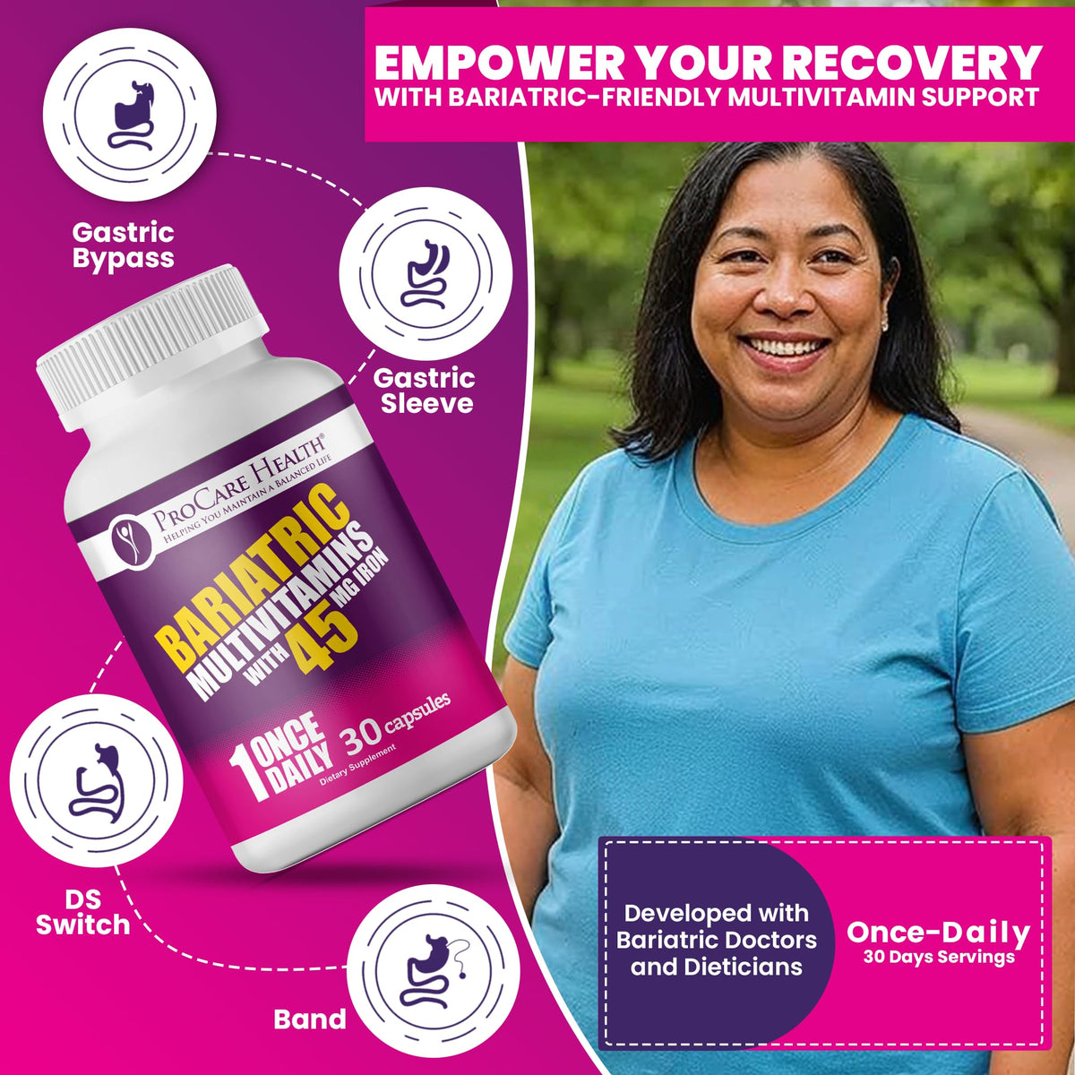 ProCare Health Bariatric Multivitamin 45mg Iron – Once Daily Capsule for Gastric Bypass, Sleeve & Post-Op Support – 90 Easy-to-Swallow Capsules, 3-Month Supply, No Artificial Colors, Gluten-Free