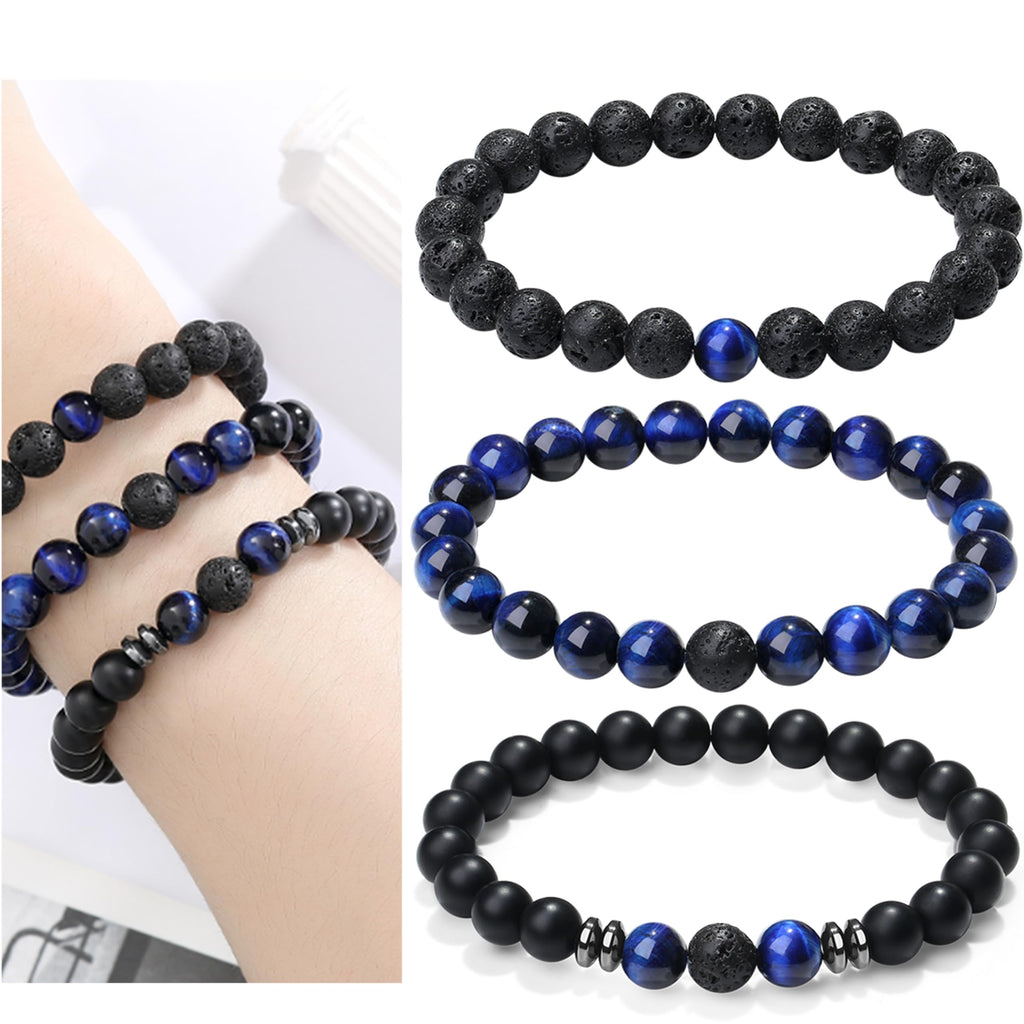XIANNVXI Mens Blue Crystal Beads Bracelet 3PC Blue Black Stone 8mm Bead Bracelets Set for Men Stretch Lava Rock Obsidian Black C