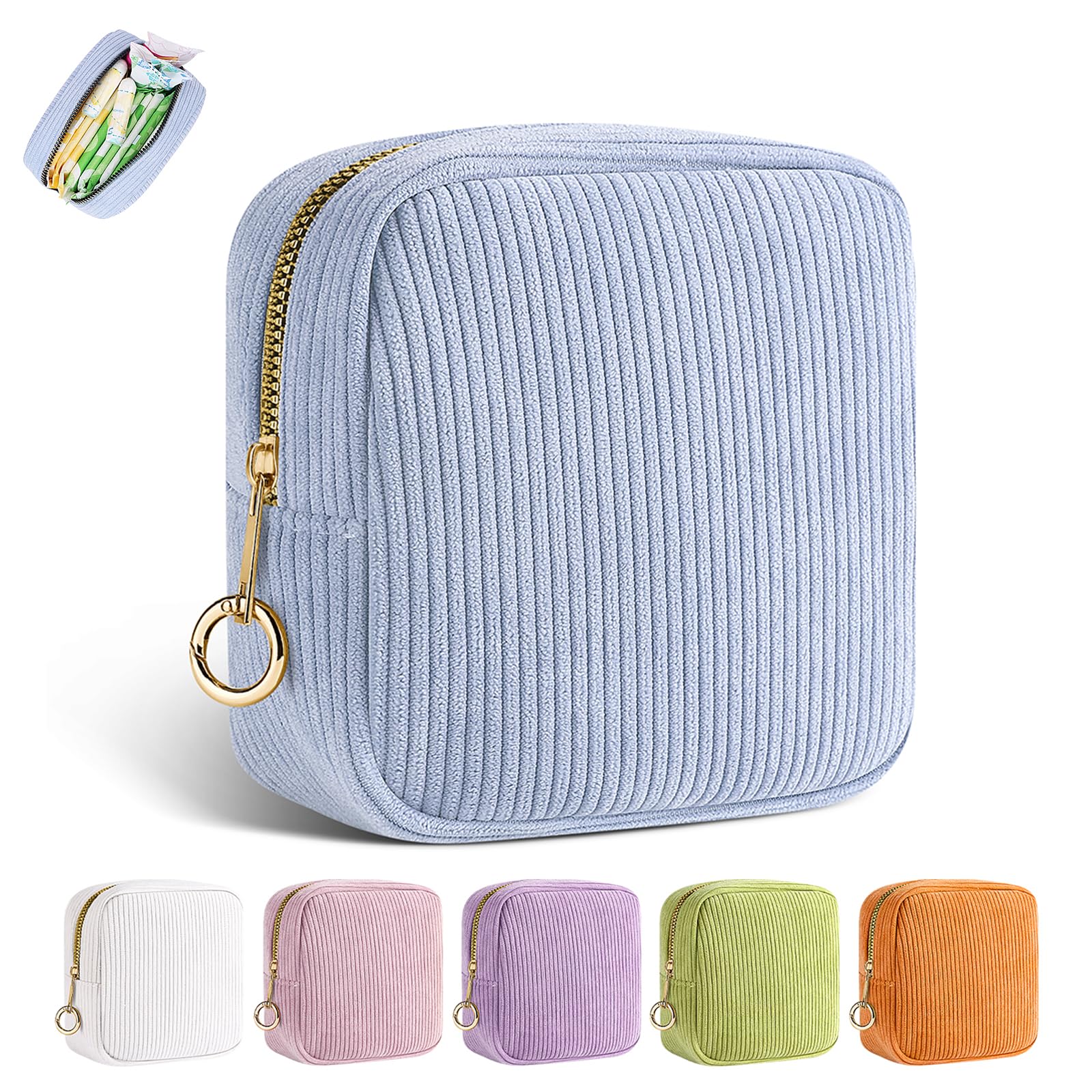 Playexen Period Bag for Teen Girls, Corduroy Sanitary Napkin Storage Bag, Menstrual Pad Pouches Tampon Holder for Purse (Blue)