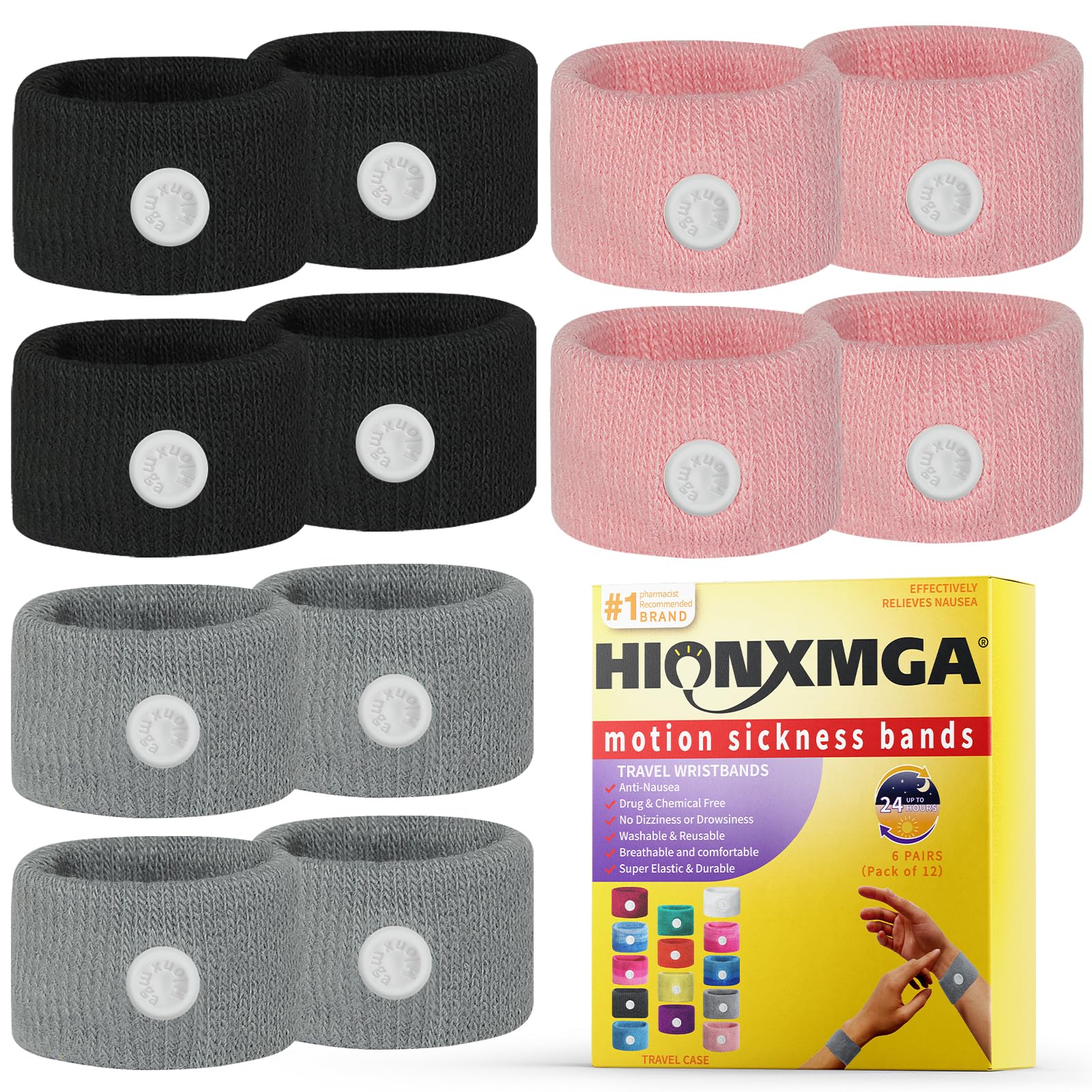 HIONXMGA 6 Pairs Motion Sickness Bands - Natural Anti Nausea Acupressure Wristbands for Morning & Motion Sickness Relief - Ideal