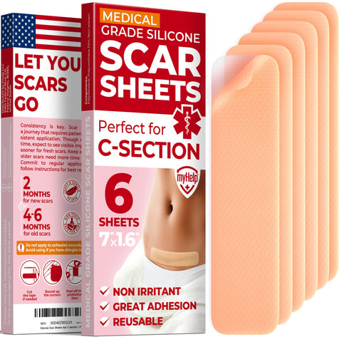 Medical Grade Silicone Scar Sheets - 6pk (7   x1.6   ) - Visible Difference on C-Section Scars - Reusable Silicone Sheets for Sc