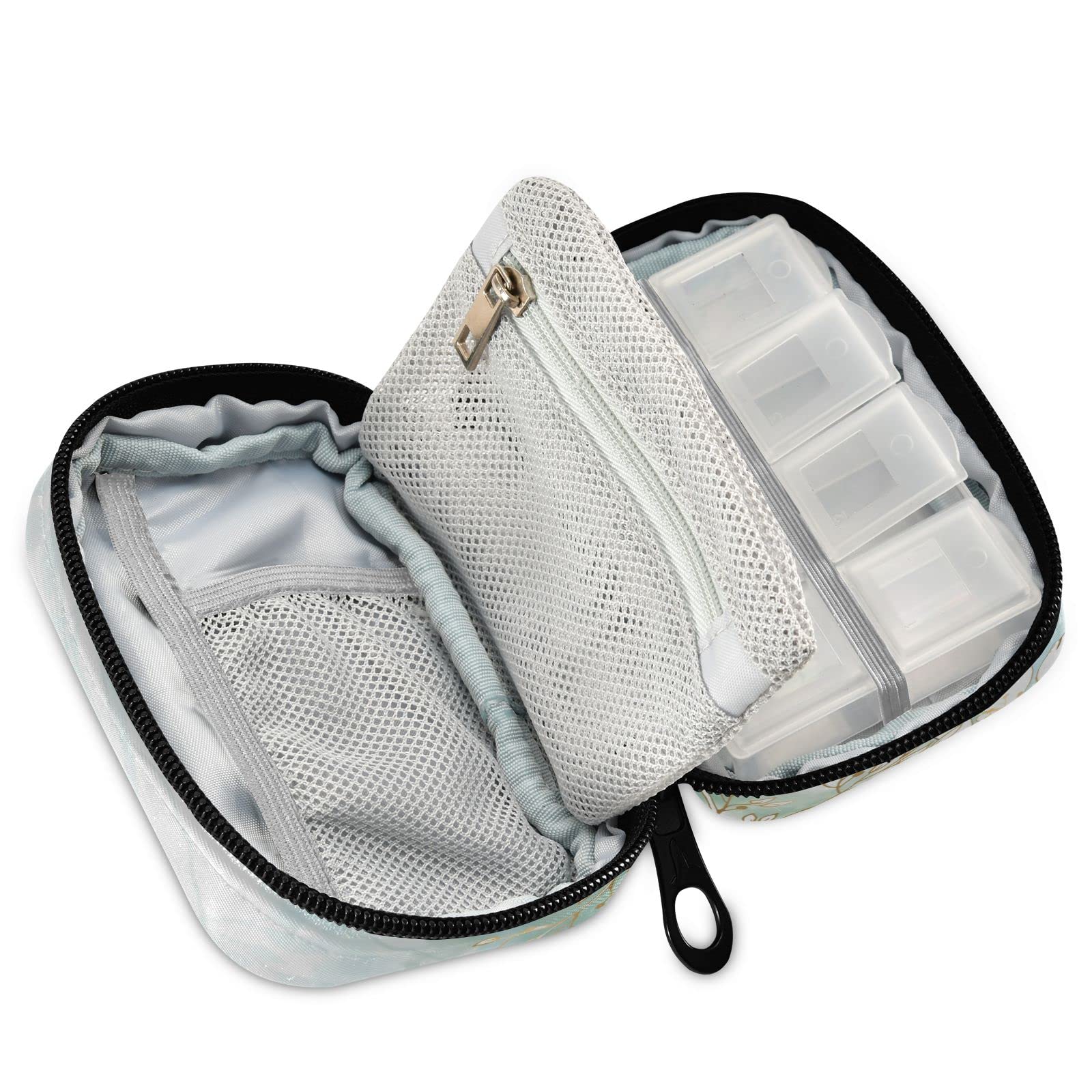 Custom Pill Box 7 Day Pill Case Bag Golden Flowers Personalized Name Travel Pill Organizer Bag with Zipper Portable Weekly Case