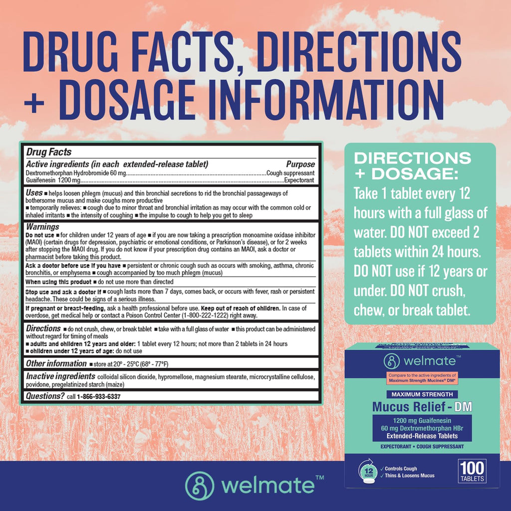 WELMATE Maximum Strength Mucus Relief DM - 1200mg Guaifenesin & 60mg DXM, 12-Hr Cough Suppressant & Expectorant, Bi-Layer Tablet