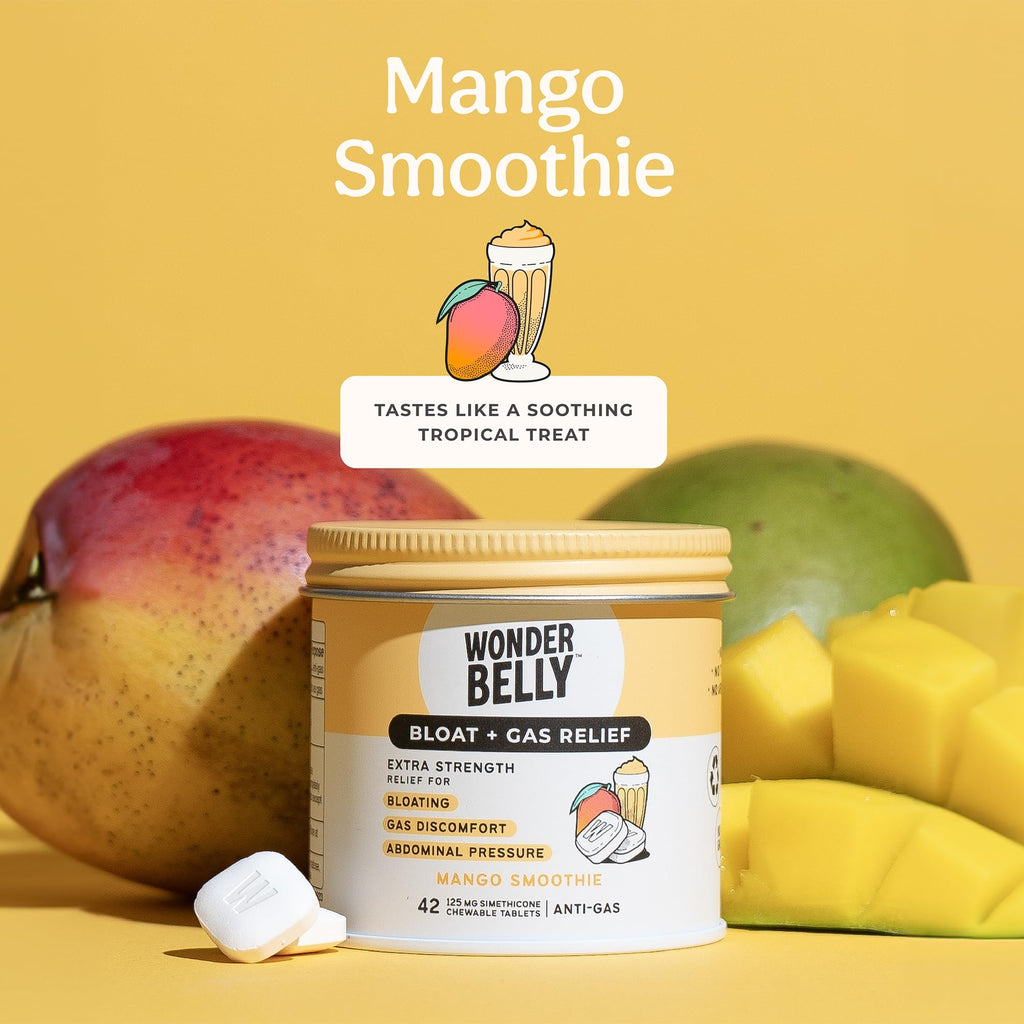 Wonderbelly Bloat + Gas Relief, Extra Strength Chewable Tablets, with 125 mg Simethicone, No Talc or Dye, Mango Smoothie, 42 Cou