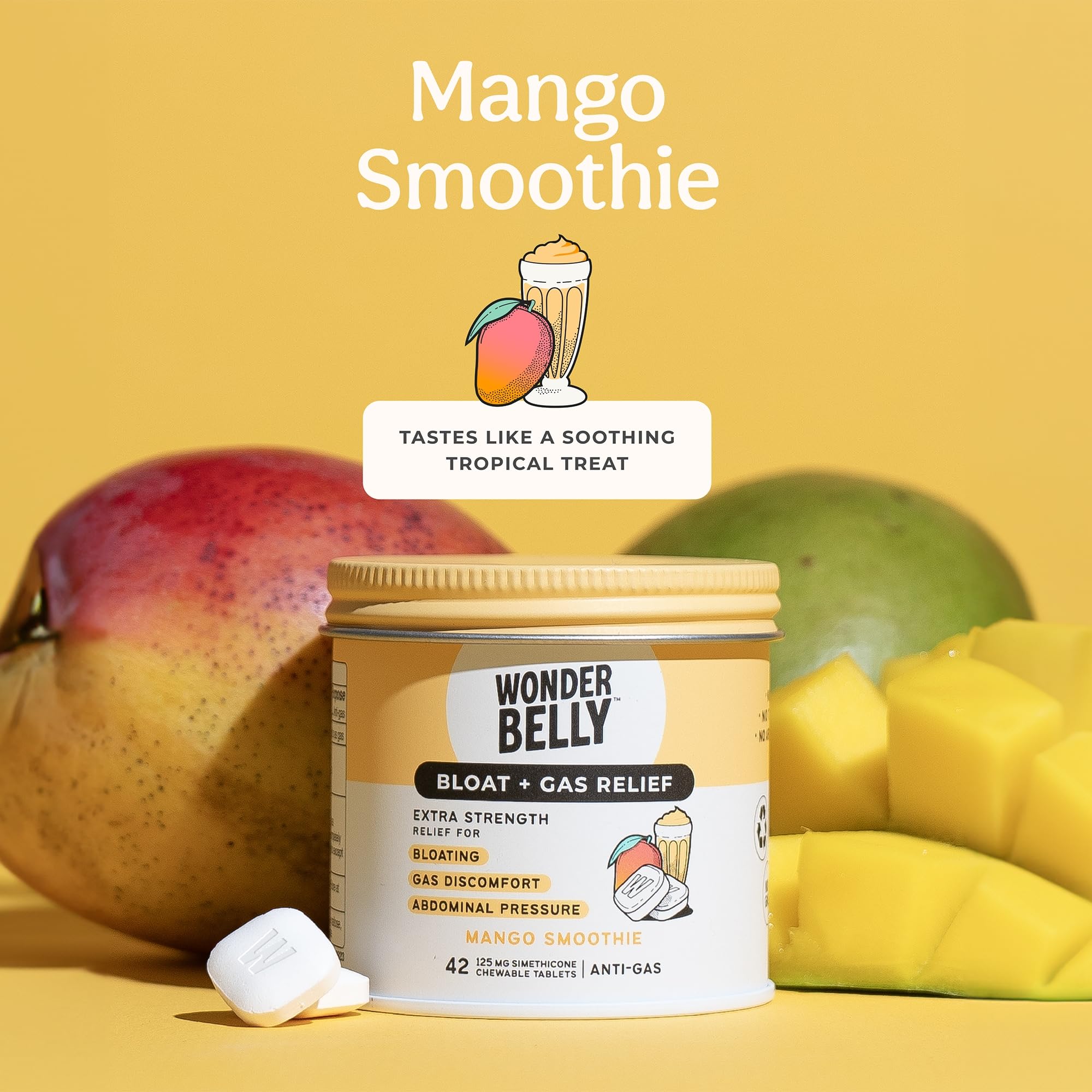 Wonderbelly Bloat + Gas Relief, Extra Strength Chewable Tablets, with 125 mg Simethicone, No Talc or Dye, Mango Smoothie, 42 Cou