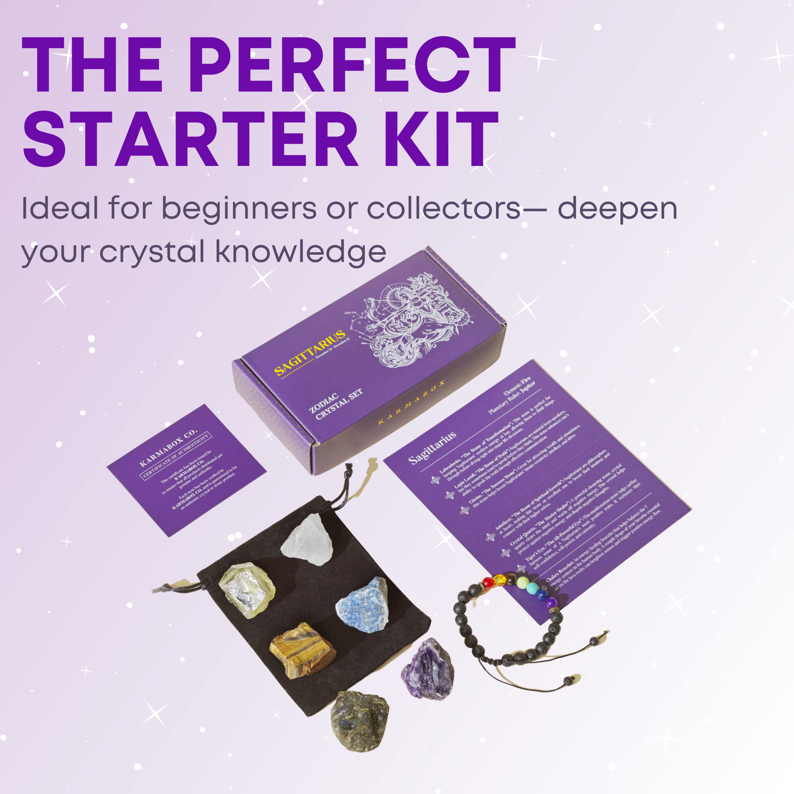 KARMABOX Sagittarius Gifts for Women - Sagittarius Crystal Healing Stone Gift Set - Zodiac Birthday Gifts - Astrology Gifts for