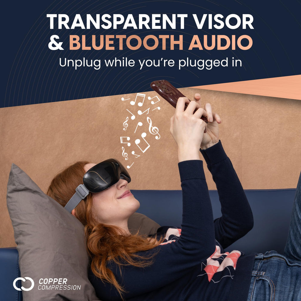 Copper Compression CopperVibe Eye Massager - Heat, Bluetooth, Transparent Visor, Timer & Adjustable Strap. Relieves Strain, Migr