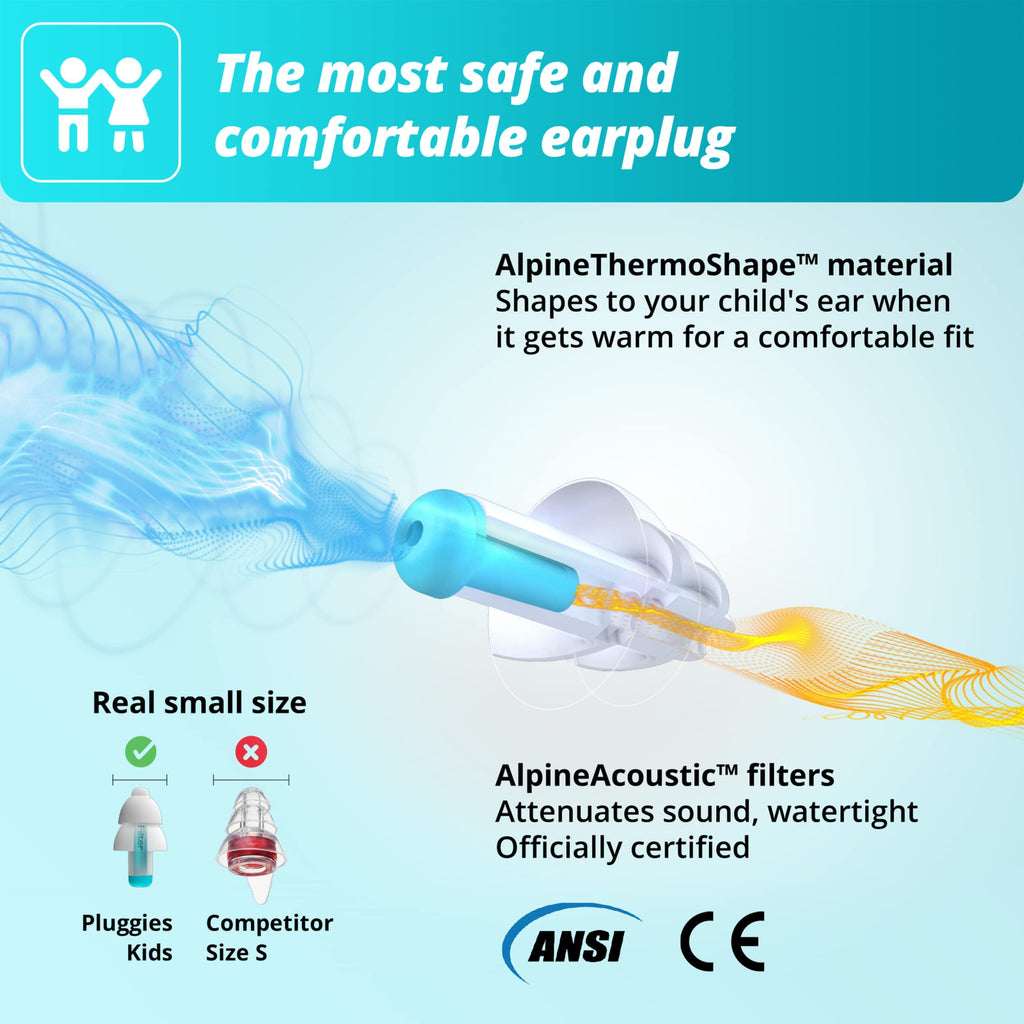 Alpine Pluggies Kids Ear Plugs for Small Ear Canals - Noise Cancelling Earplugs Age 5-12 - Multi-Purpose Ear Protection for Slee