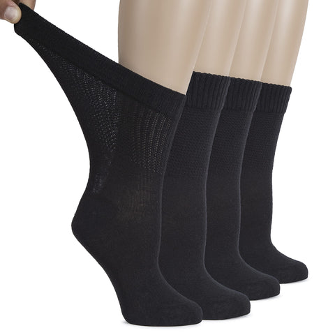 Hugh Ugoli Women's Cotton Diabetic Crew Socks, Wide, Thin, Loose Fit and Stretchy, Seamless Toe & Non-Binding Top, 4 Pairs, Blac