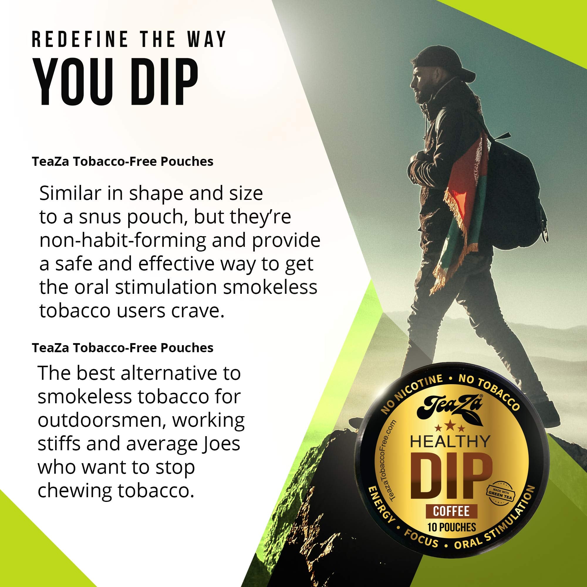 TeaZA Herbal Dip Coffee Pouches -Nicotine Free, Tobacco Free - Made with Green Tea Caffeine Energy Pouches (8 Pack)