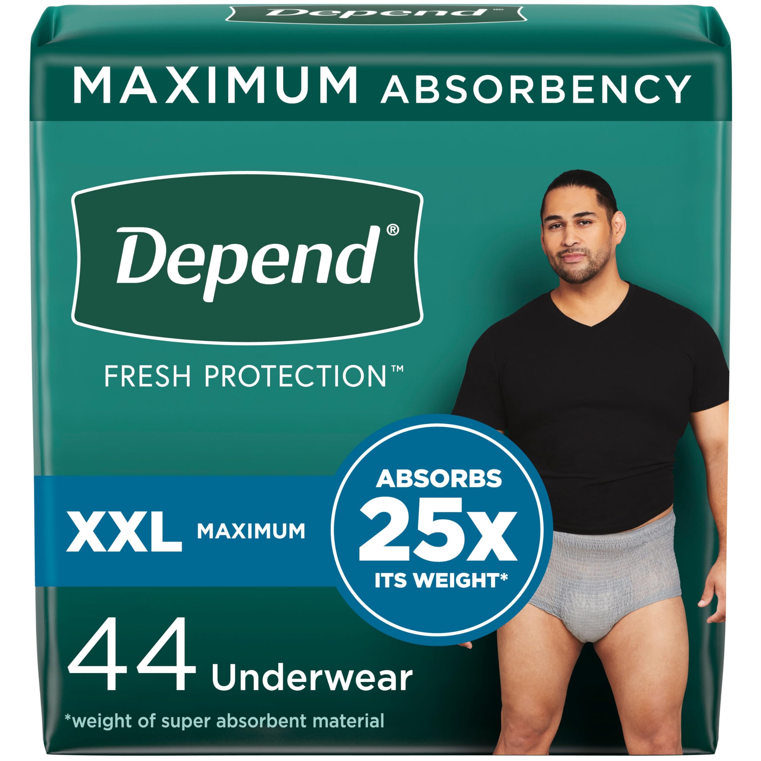 Depend Fresh Protection Adult Incontinence Underwear for Men, Disposable, Maximum, Extra-Extra-Large, Grey, 44 Count (2 Packs of
