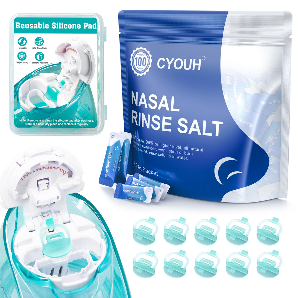 CYOUH 100PCS Salt Saline Packets Neti Pot Sinus Nasal Wash Rinse, 2.34G Salt Packets with 10 PCS Silicone Pads Refills Accessori