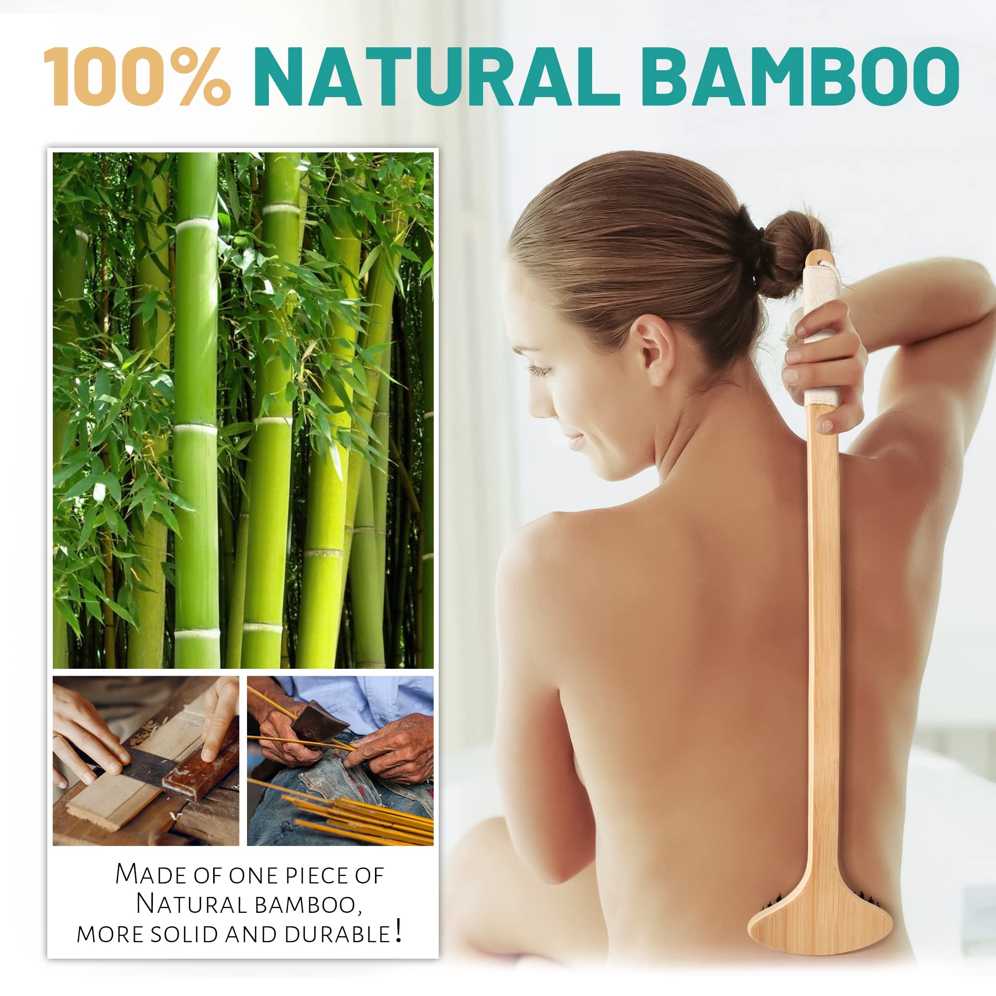 NURENDER Bamboo Back Scratcher, Oversized Body Scratcher with 22    Curved Long Handle and 2 in 1 Wide Scratching/Massaging Head