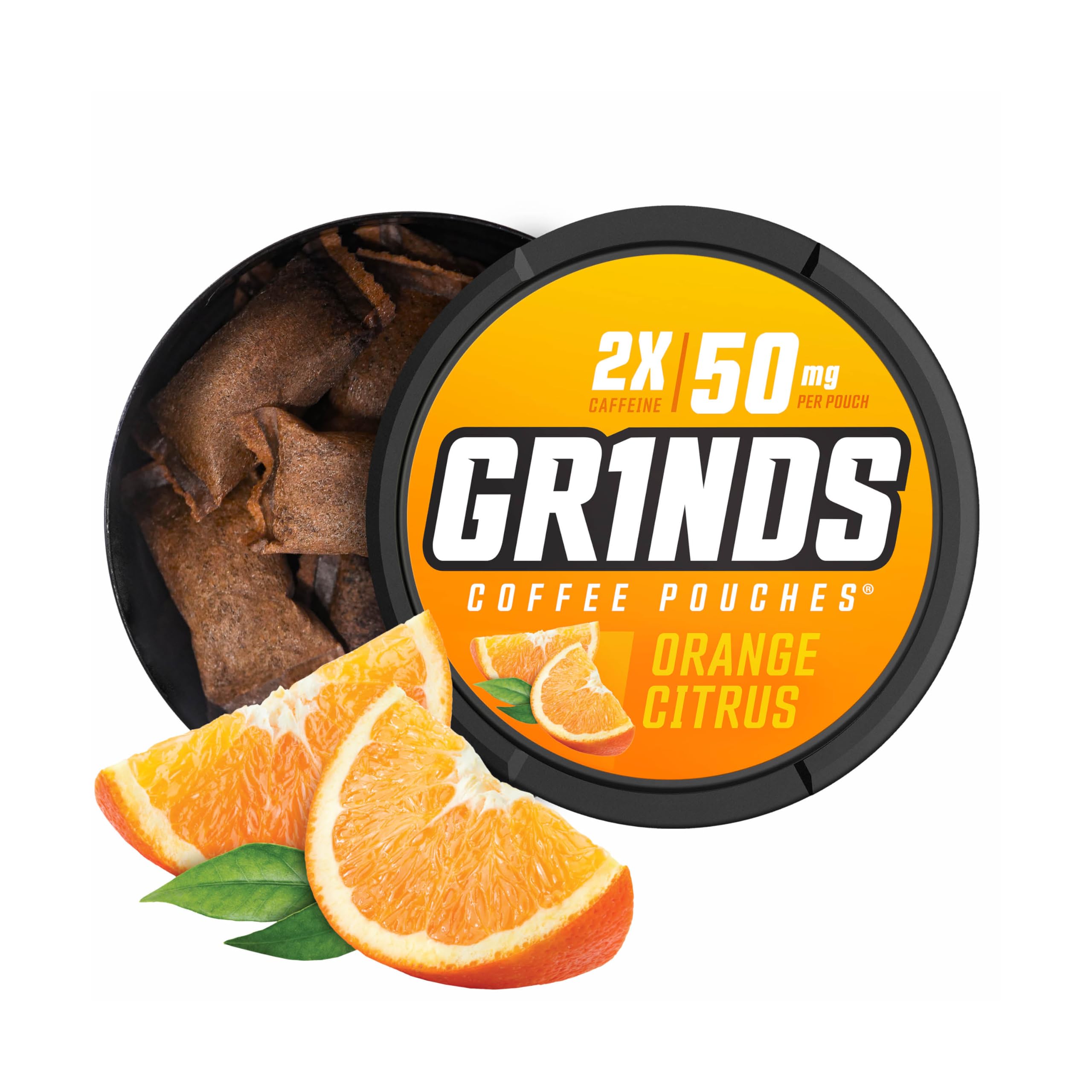 Grinds Coffee Pouches | Tobacco Free, Nicotine Free Healthy Alternative | 6 Cans of Orange Citrus | 18 Pouches Per Can | 1 Pouch