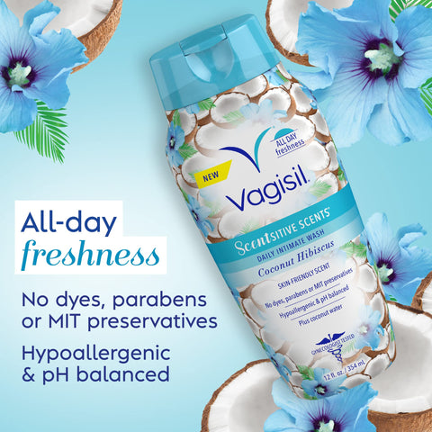 Vagisil Feminine Wash for Intimate Area Hygiene, Scentsitive Scents, pH Balanced and Gynecologist Tested, Coconut Hibiscus, 12 o