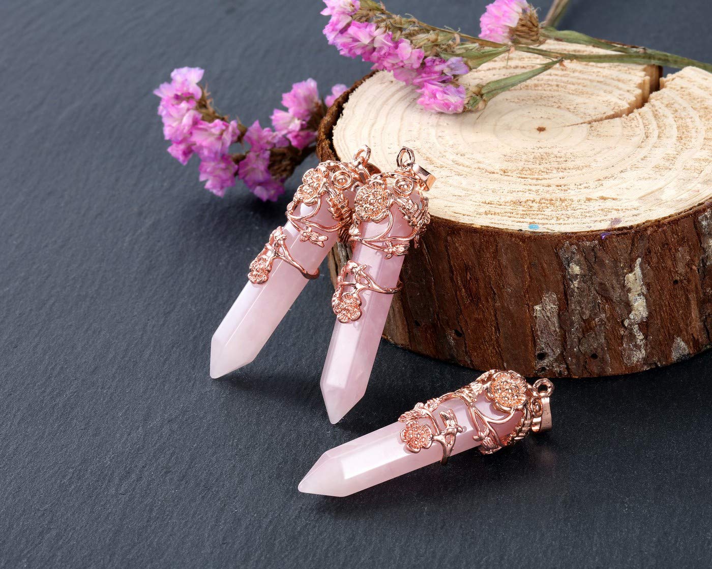 PESOENTH Rose Quartz Crystal Healing Pendant Necklace for Women, Vintage Rose Gold Flower Wrapped Pink Hexagonal Gemstone Healin
