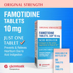 Glenmark Therapeutics Original Strength Famotidine Tablets, 10 mg, Acid Reducer for Heartburn Relief, 200 Count