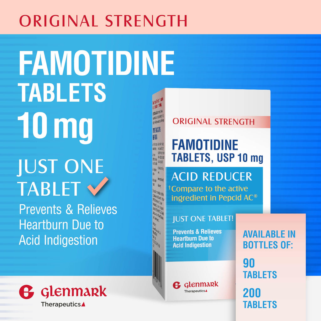 Glenmark Therapeutics Original Strength Famotidine Tablets, 10 mg, Acid Reducer for Heartburn Relief, 90 Count
