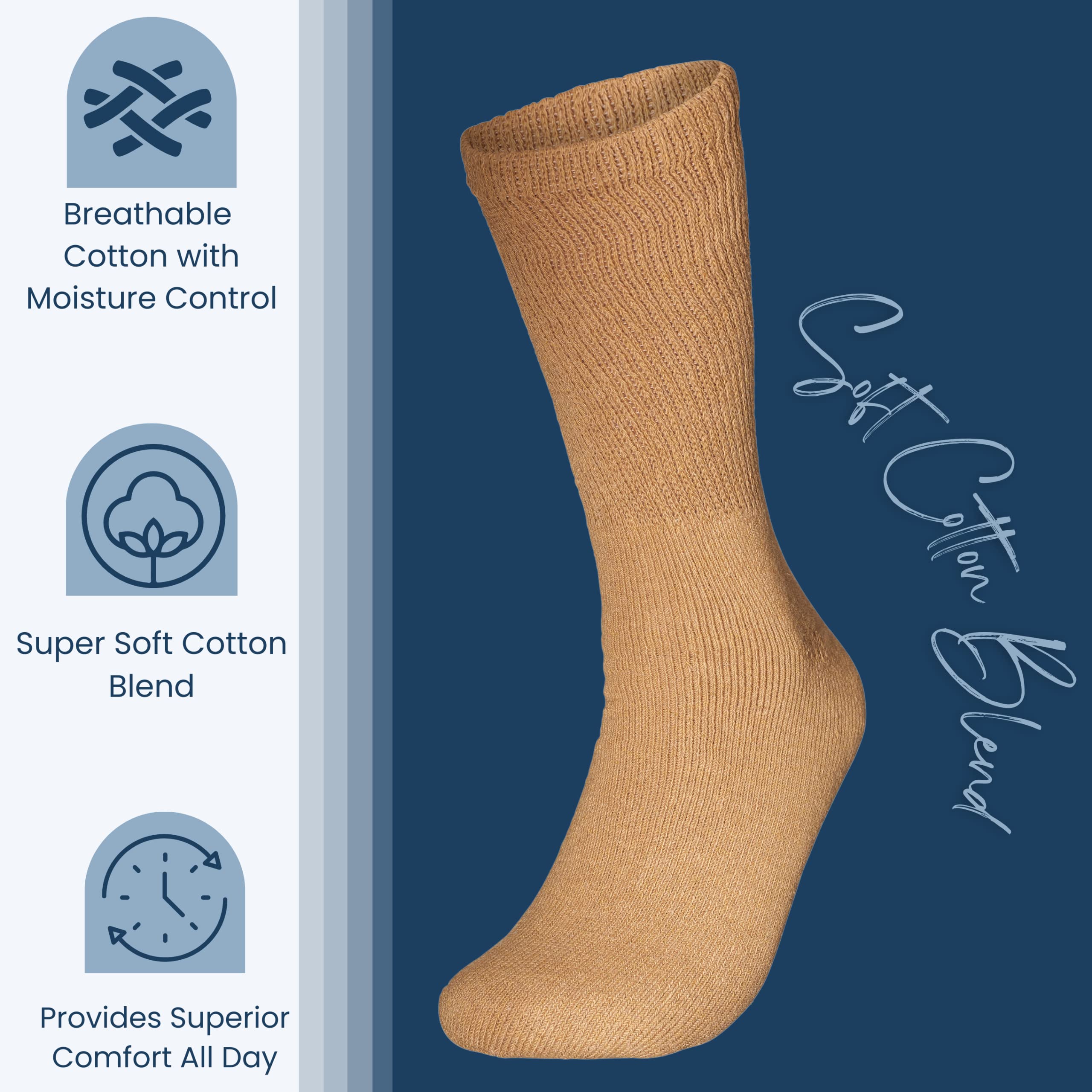 Special Essentials 12 Pairs Cotton Diabetic Socks for Men & Women - Non-Binding Extra Wide Top Neuropathy Socks - Crew Socks Kha
