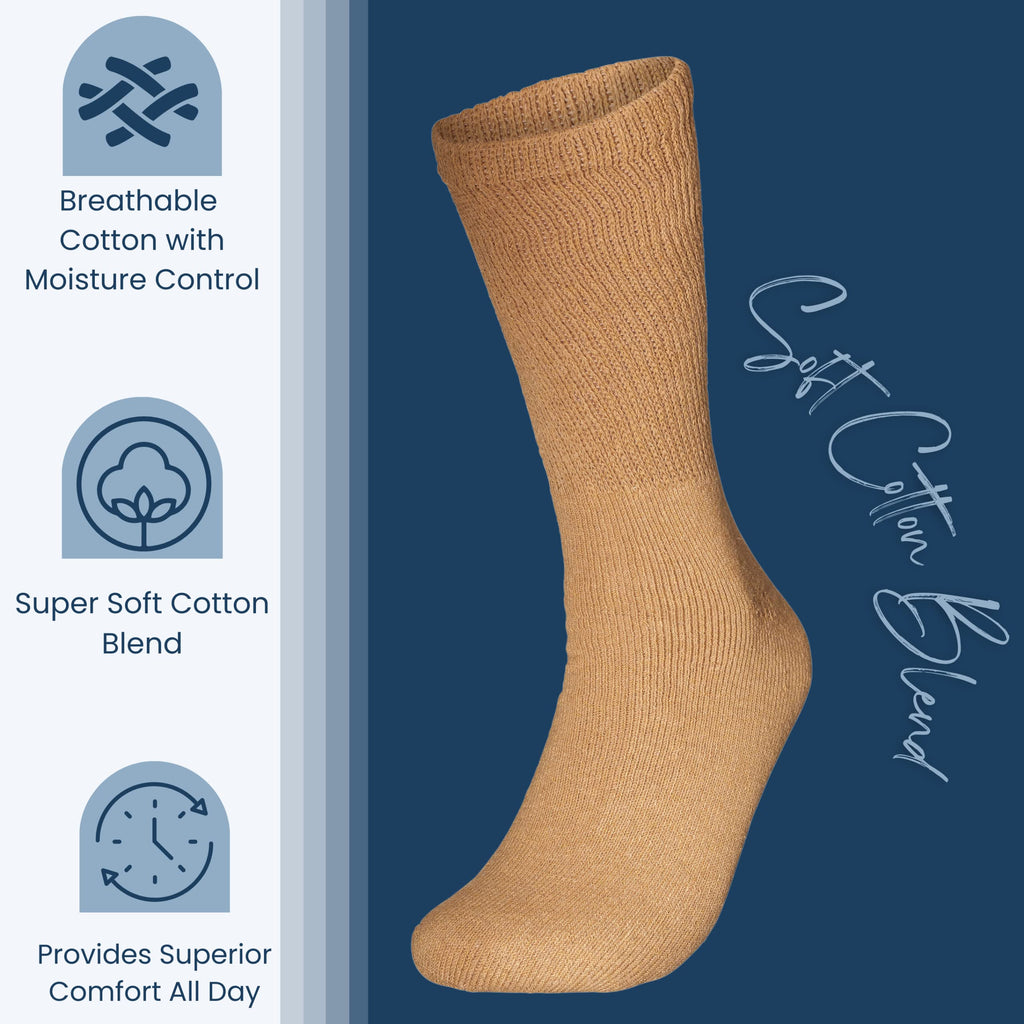 Special Essentials 12 Pairs Cotton Diabetic Socks for Men & Women - Non-Binding Extra Wide Top Neuropathy Socks - Crew Socks Kha