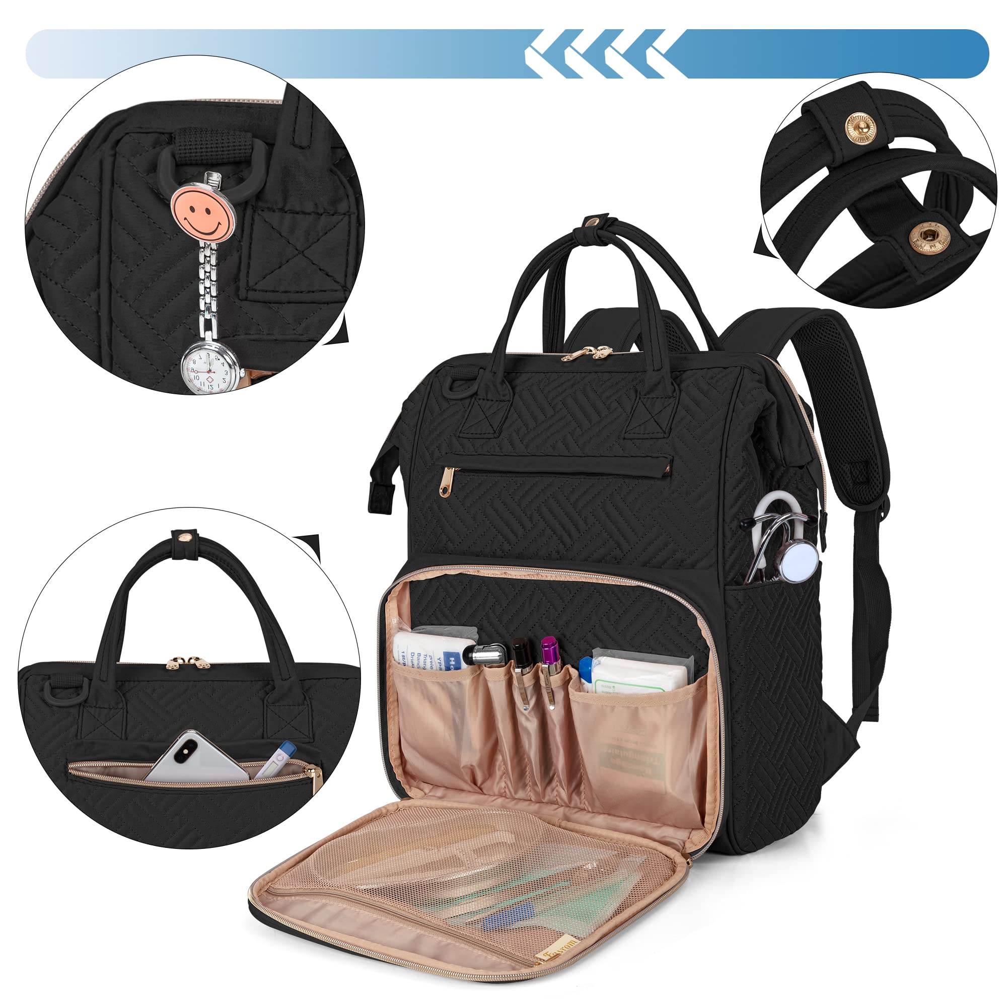 Fasrom Nurse Backpack for Work Women, Nursing Tote Bag with Laptop Compartment for Nursing Work and Home Health Care, Black (Emp