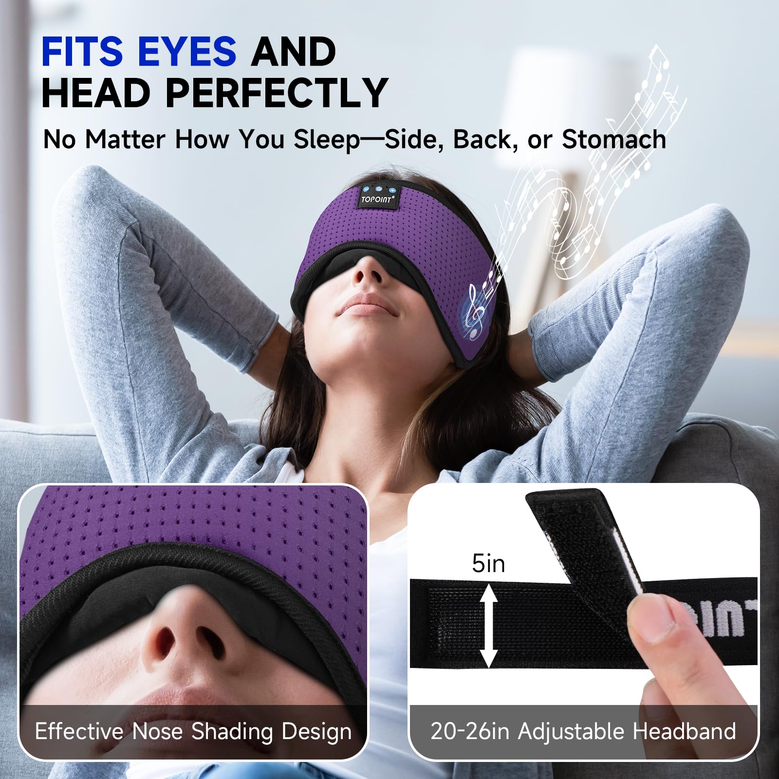 TOPOINT Sleep Mask Headphones Bluetooth Wireless 5.4, Breathable Cotton Eye Mask for Sleeping Side Sleepers Travel Music Headset