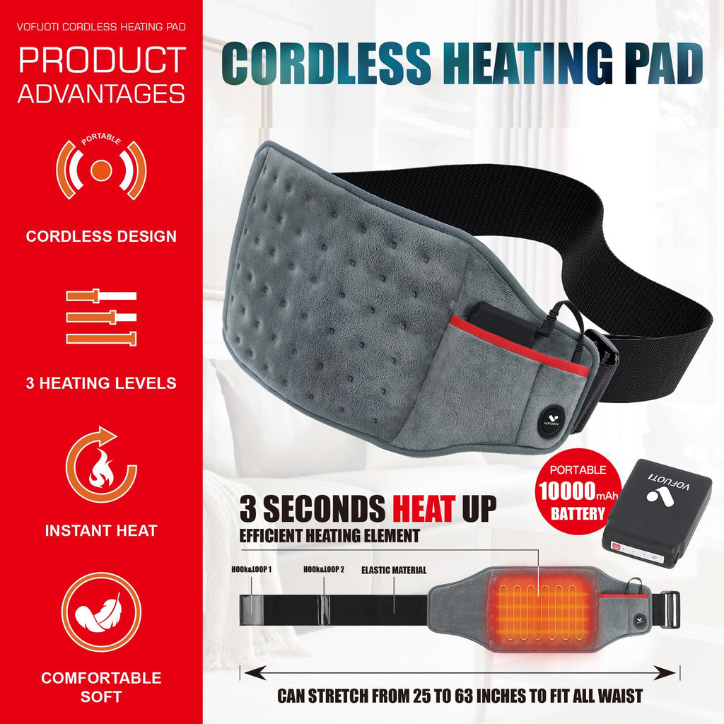 Vofuoti Cordless Heating Pad, Portable Heated Pad with Battery and 3 Heat Settings for Back, Abdomen, Women Men