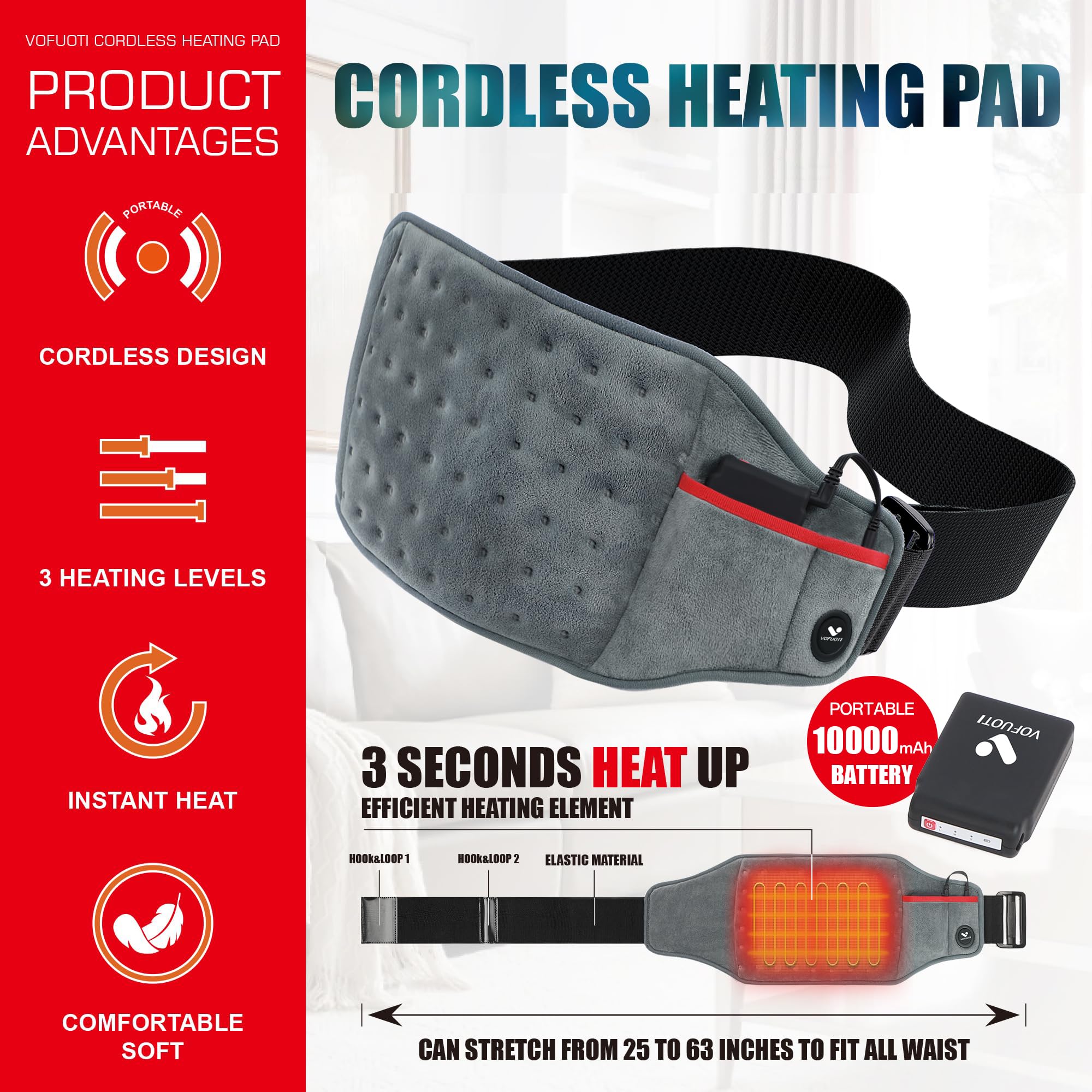 Vofuoti Cordless Heating Pad, Portable Heated Pad with Battery and 3 Heat Settings for Back, Abdomen, Women Men