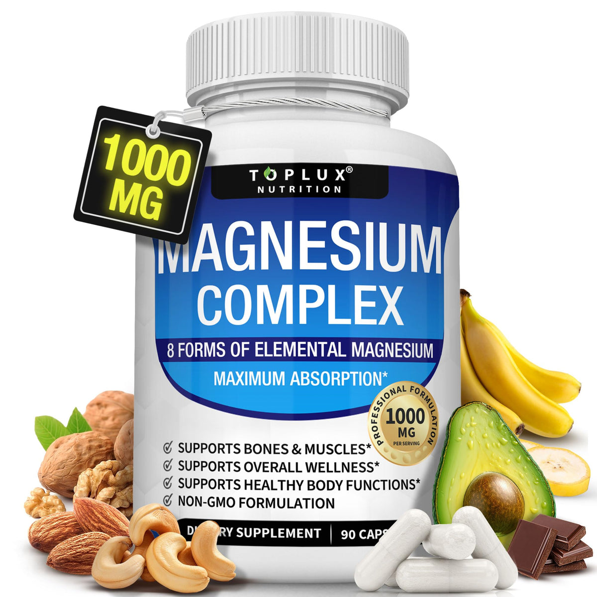 Magnesium Complex Supplement 8 Elemental 1000mg - Magnesium Glycinate, Citrate, Malate, Taurate, Chelated for Easy Absorption for Bones, Muscle, Recovery, Energy, Vegan Non-GMO 90 Capsules