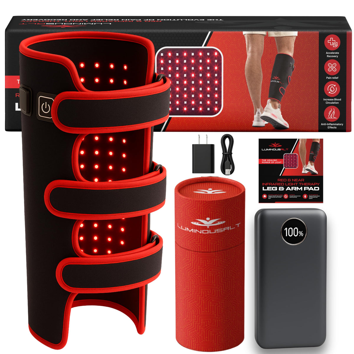 LuminousRLT Red Light Therapy Wrap for Arms & Legs w/Power Bank  208 LEDs 660nm & 850nm Near Infrared  Flexible Adjustable Fit