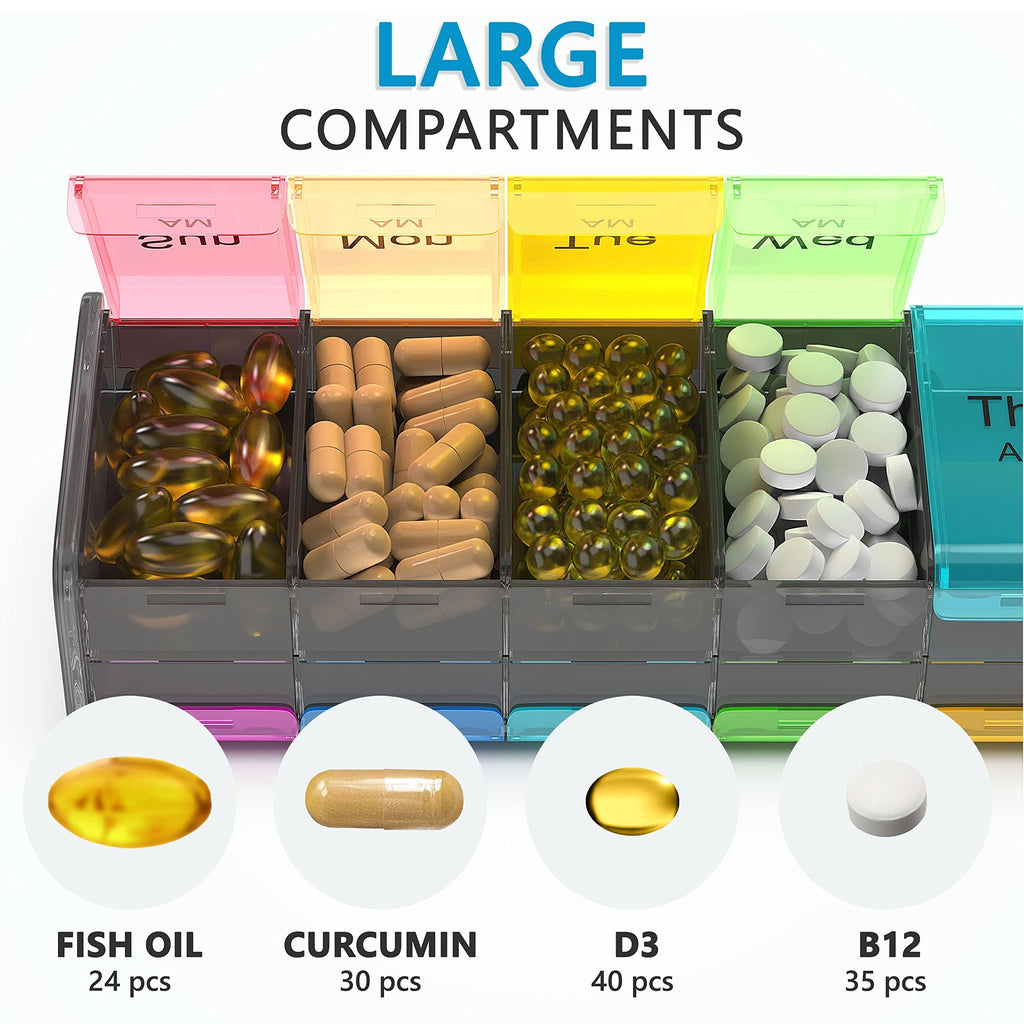 Extra Large Pill Organizer- XXL Pill Box 7 Day - Weekly Pill Organizer with AM PM Large Compartments Big Pill Case for Supplemen