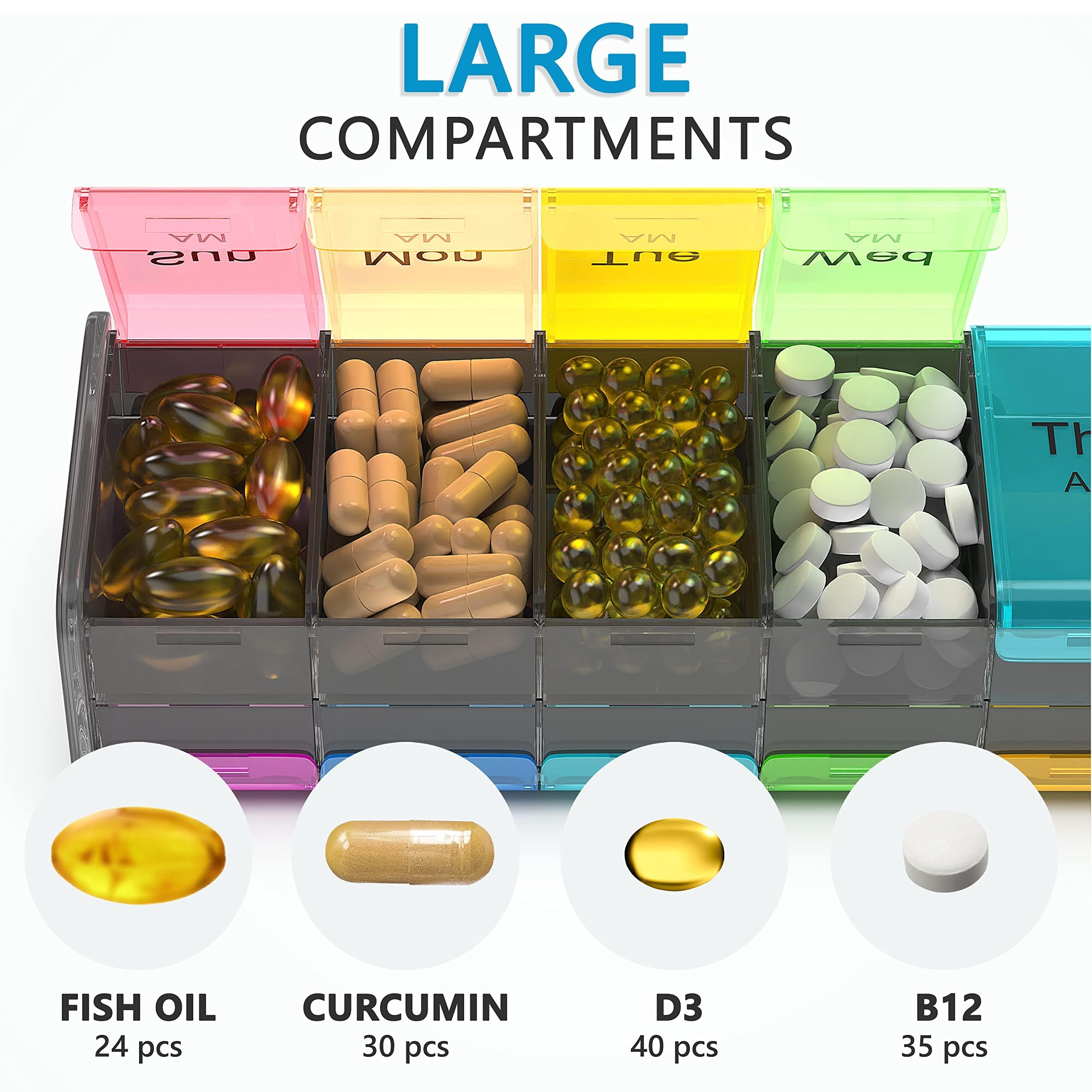 Extra Large Pill Organizer- XXL Pill Box 7 Day - Weekly Pill Organizer with AM PM Large Compartments Big Pill Case for Supplemen
