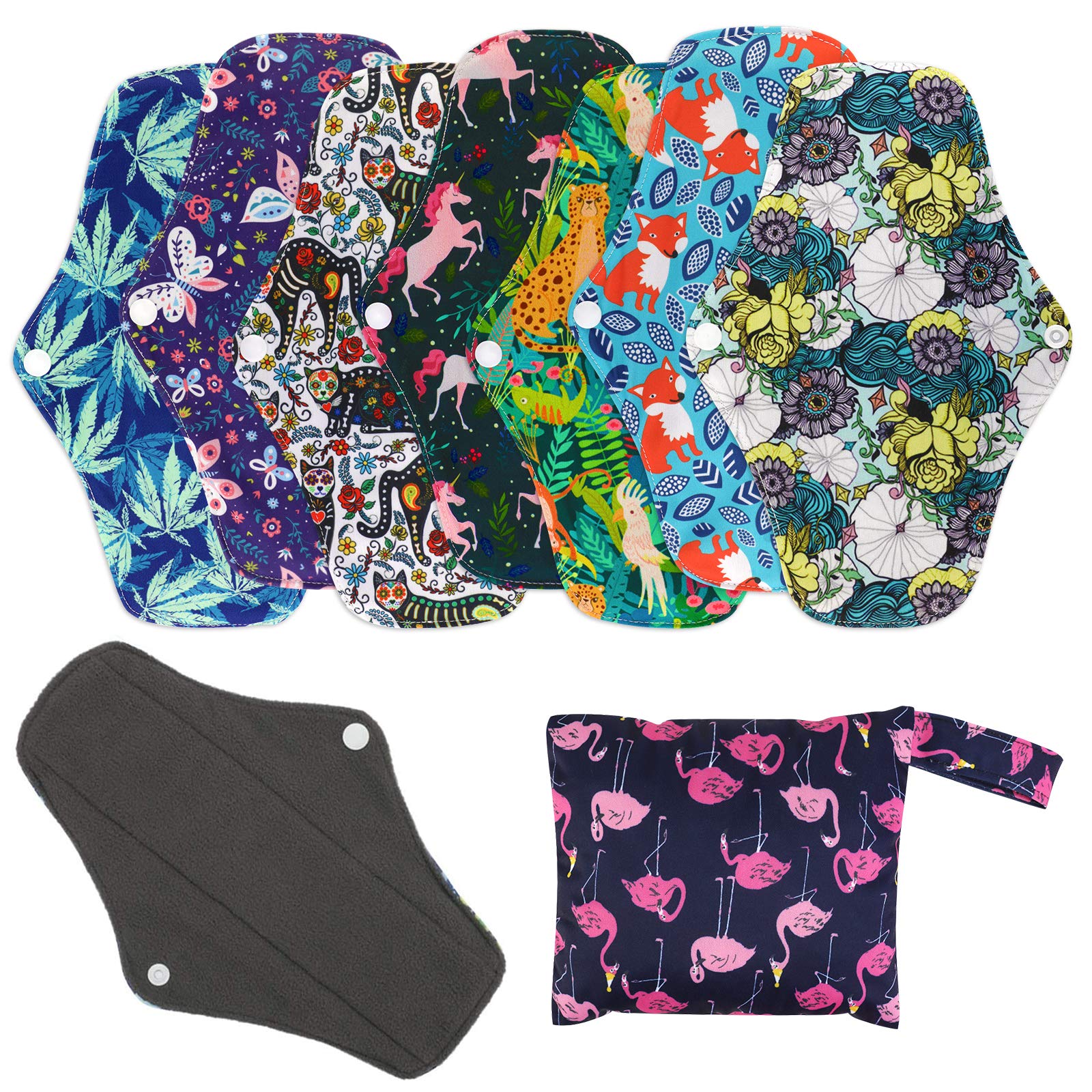 Reusable Menstrual Pads (7 in 1, 25.4cm 4 Layers), Bamboo Cloth Pads for Heavy Flow with Wet Bag, Large Sanitary Pads Set with W