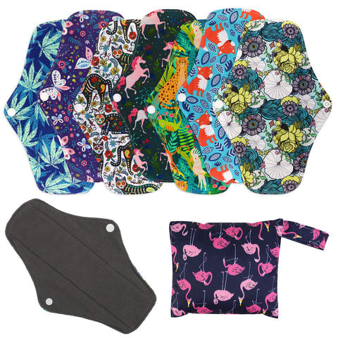 Reusable Menstrual Pads (7 in 1, 25.4cm 4 Layers), Bamboo Cloth Pads for Heavy Flow with Wet Bag, Large Sanitary Pads Set with W