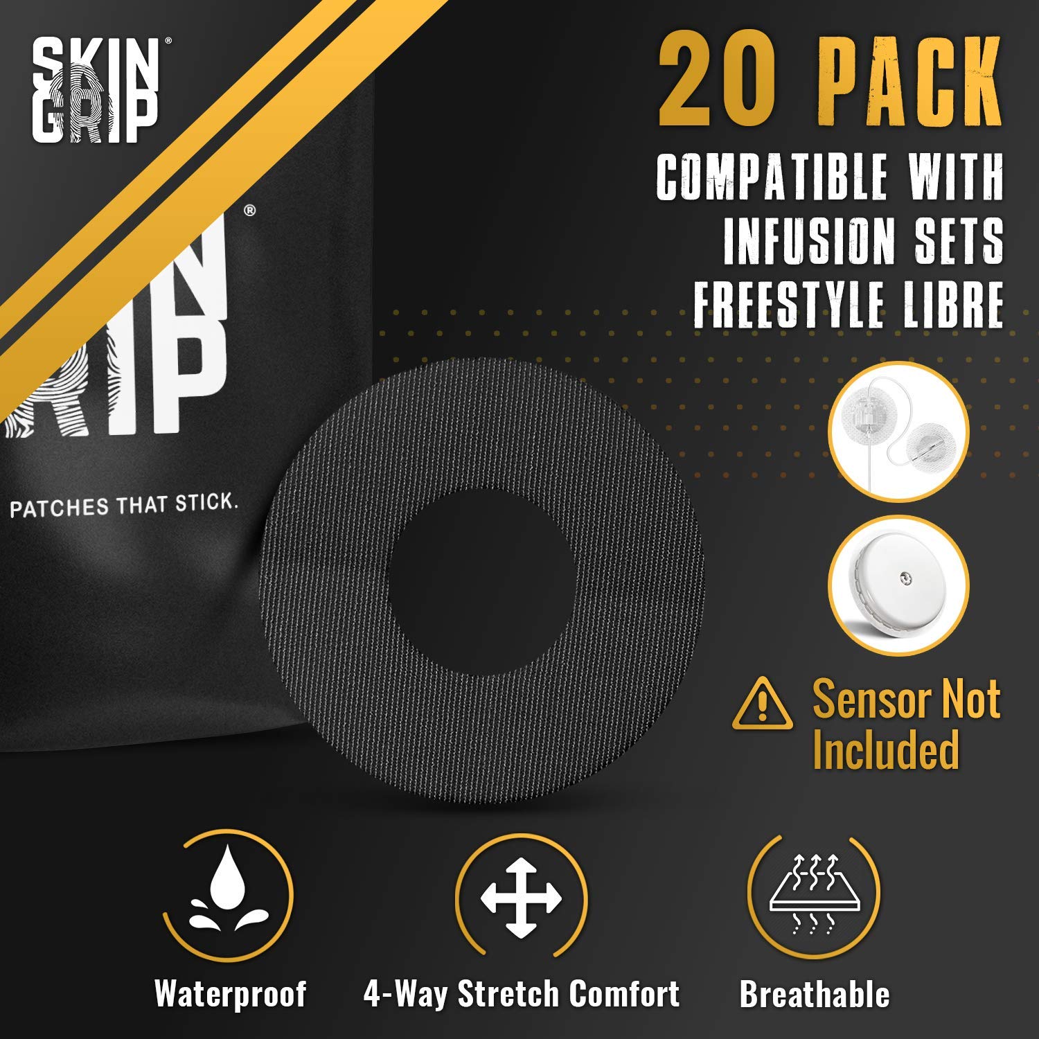 Skin Grip CGM Patches for Infusion Set or Freestyle Libre (20-Pack), Waterproof & Sweatproof for 10-14 Days, Pre-Cut Adhesive Ta