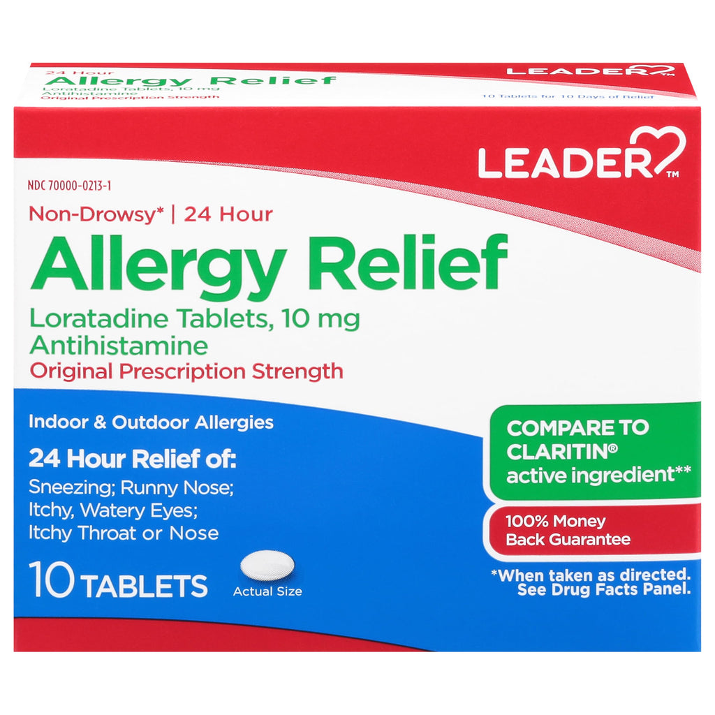 Leader 24 Hour Allergy Relief, Loratadine 10mg Tablets, Non-Drowsy, Antihistamine, Indoor and Outdoor, Counteract Allergy, 10 Ta
