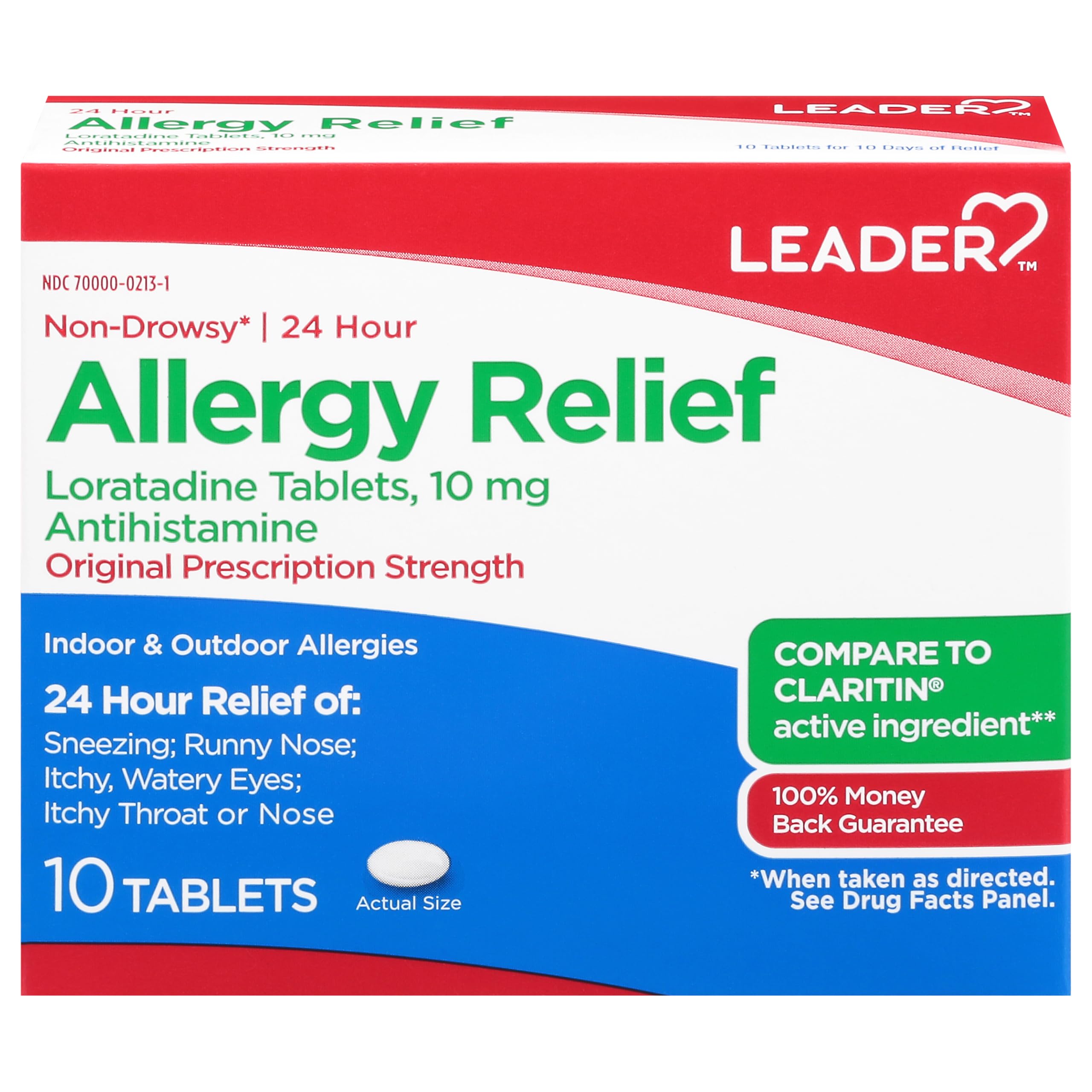 Leader 24 Hour Allergy Relief, Loratadine 10mg Tablets, Non-Drowsy, Antihistamine, Indoor and Outdoor, Counteract Allergy, 10 Ta