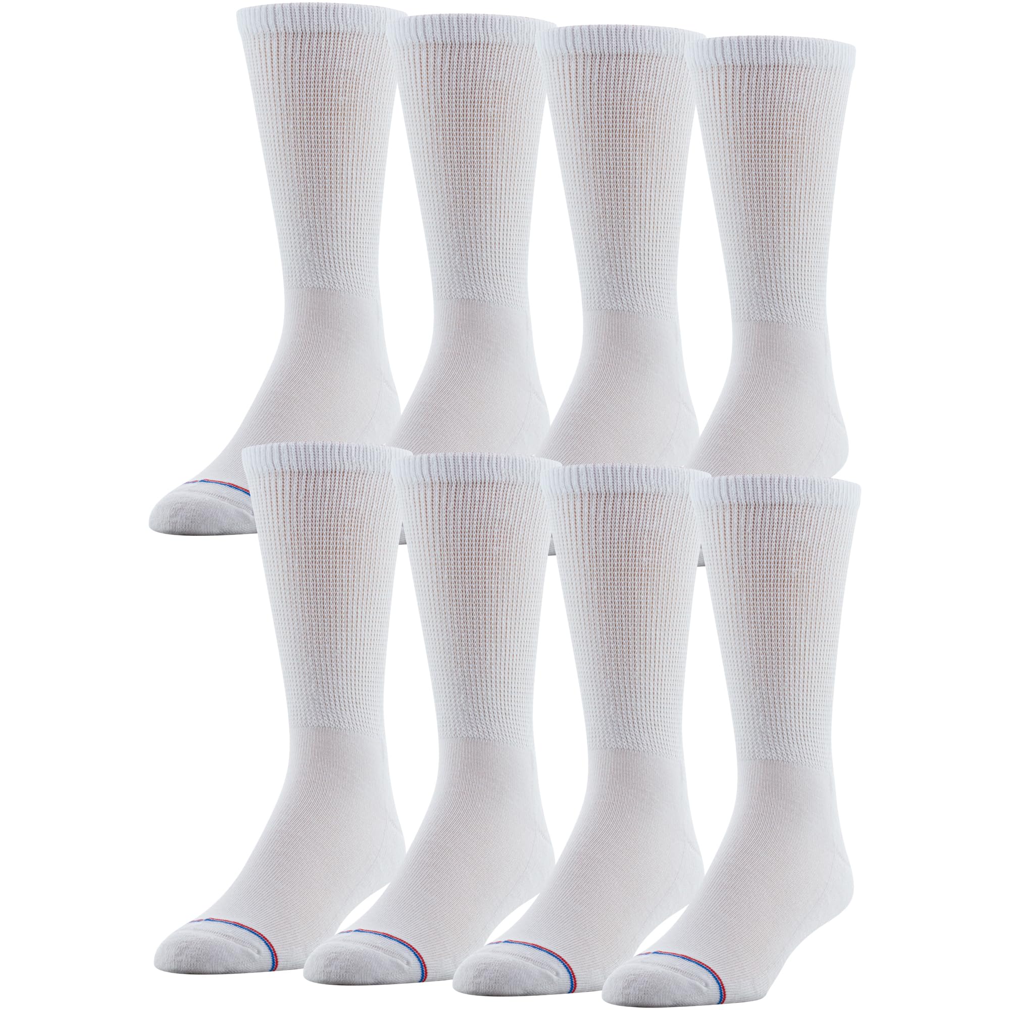 MediPEDS 8 Pair Diabetic Crew Socks with Non-Binding Top, White, Shoe Size: Men 12-15