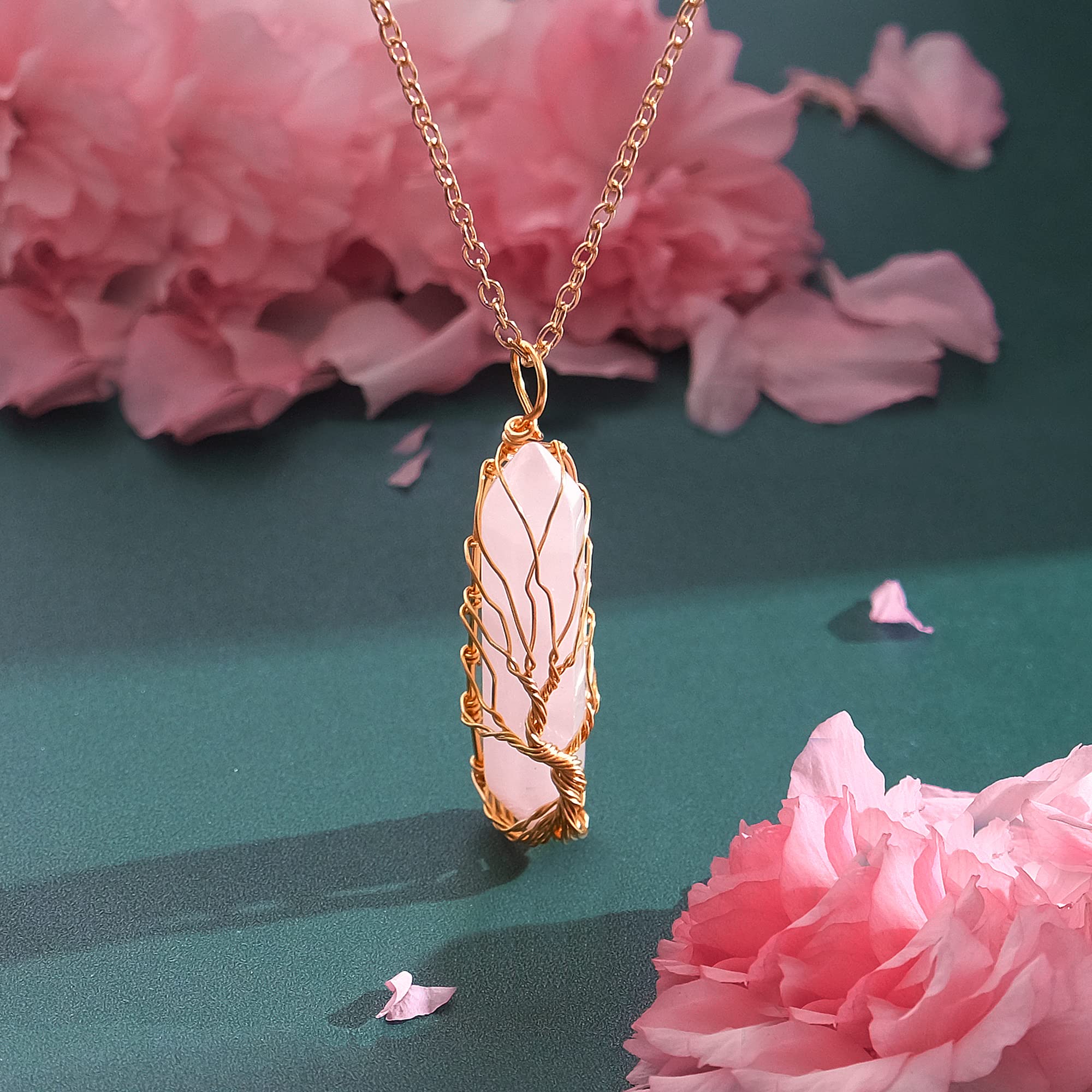 VIBILIA Healing Crystal Necklace Tree of Life Wire Wrapped Natural Rose Quartz Stone Point Pendant Necklace Hexagonal Reiki Spir