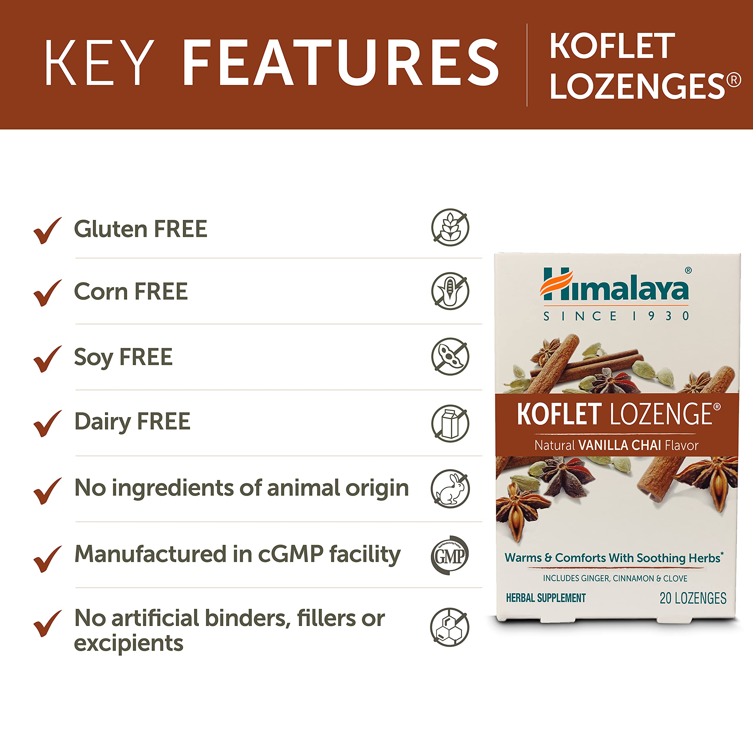 Himalaya Koflet Lozenges, Vanilla Chai Flavor, Natural Herbal Cough Drop for Warming Relief and Soothing Comfort, 130 mg, 20 Loz
